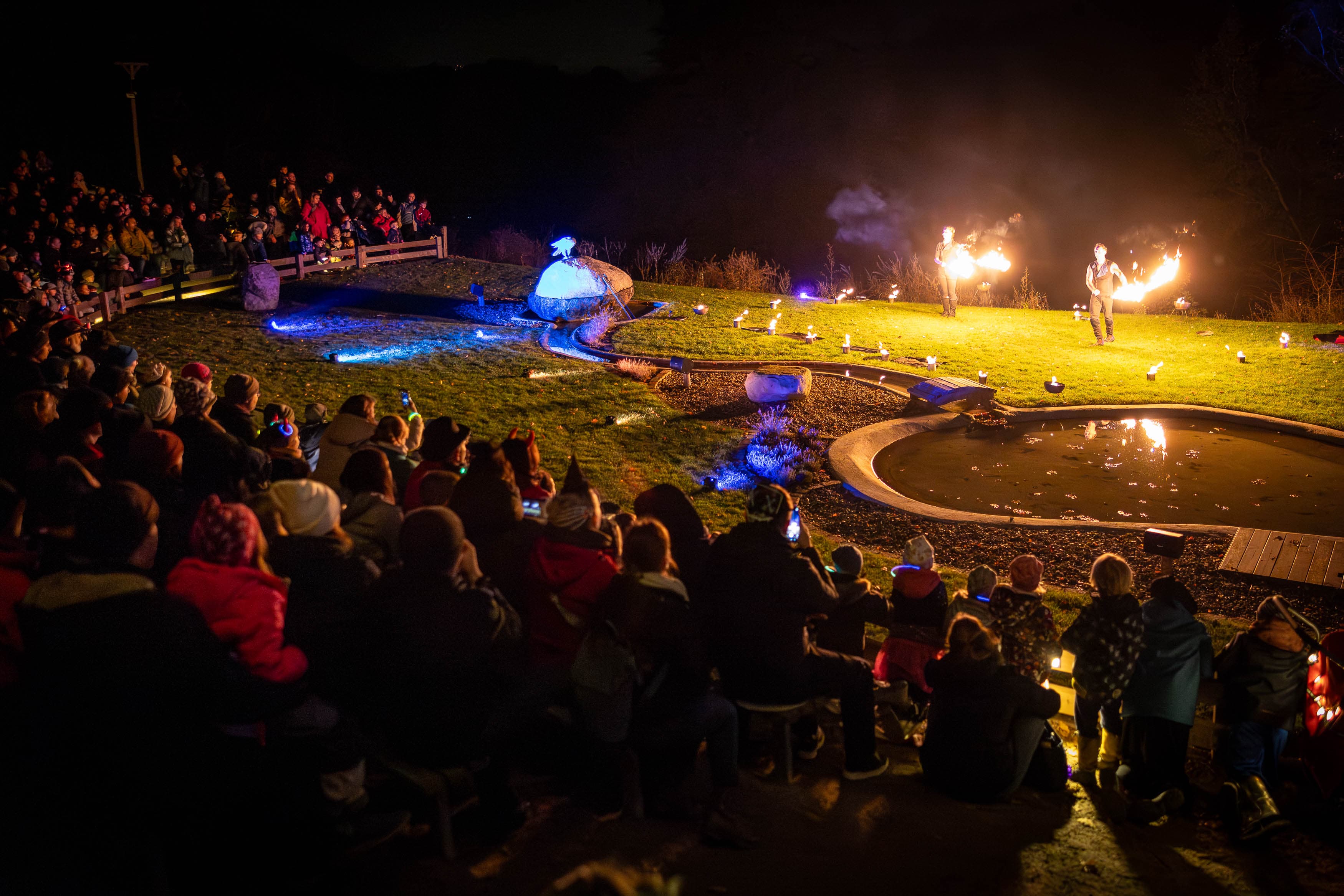 eine feuershow auf einer wiese im dunkeln