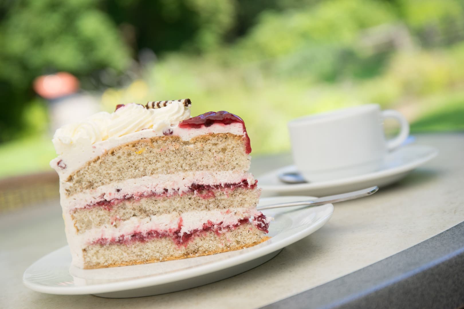 Ein Stück Sahnetorte mit Fruchtfüllung auf einem Teller im Grünen neben einer Tasse Kaffee.