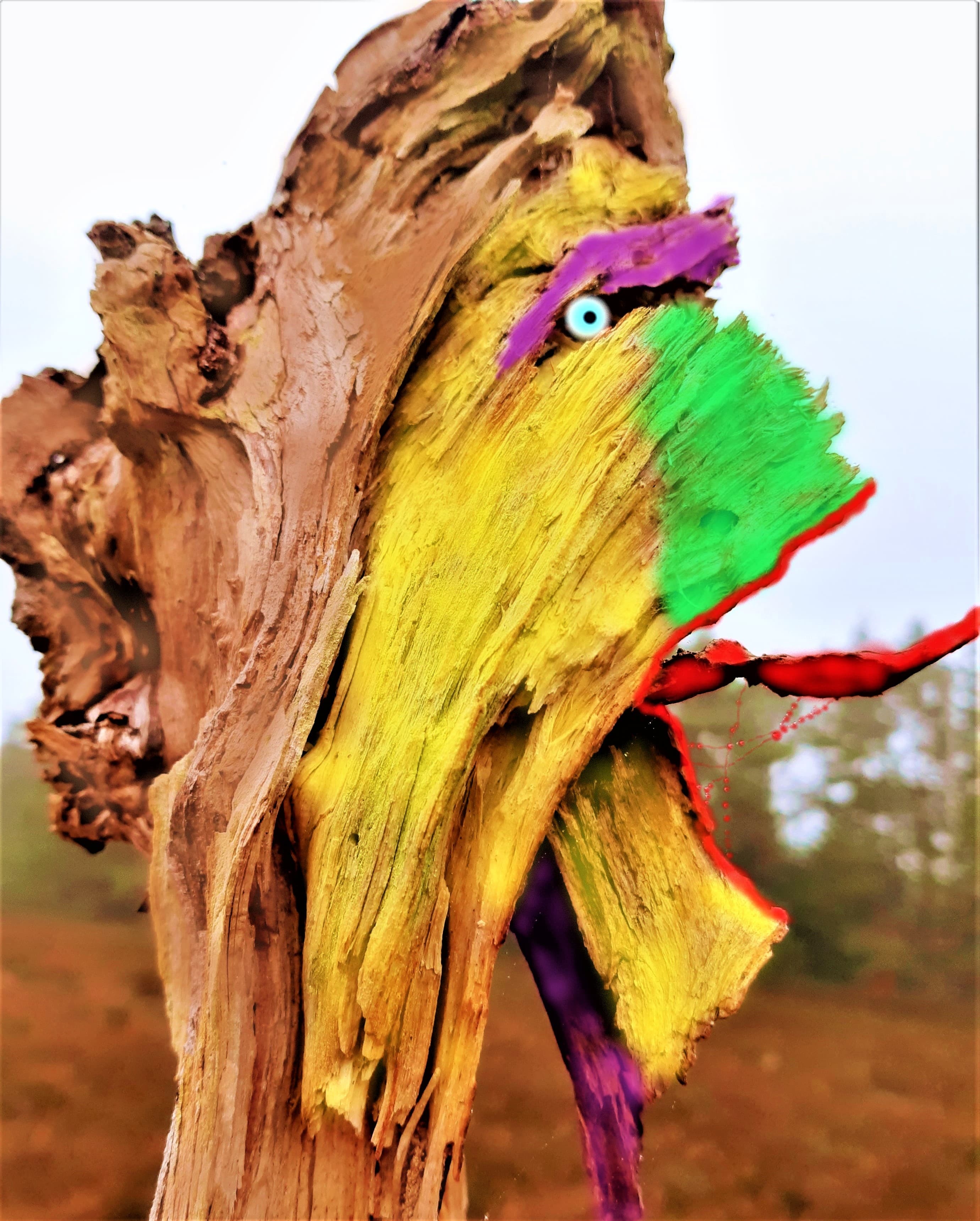Ein bemalter Baumstumpf zeigt ein farbig gestaltetes Gesicht mit bunten gelben, grünen, violetten und roten Zügen, die einem Kunstwerk ähneln, inmitten einer Landschaft.