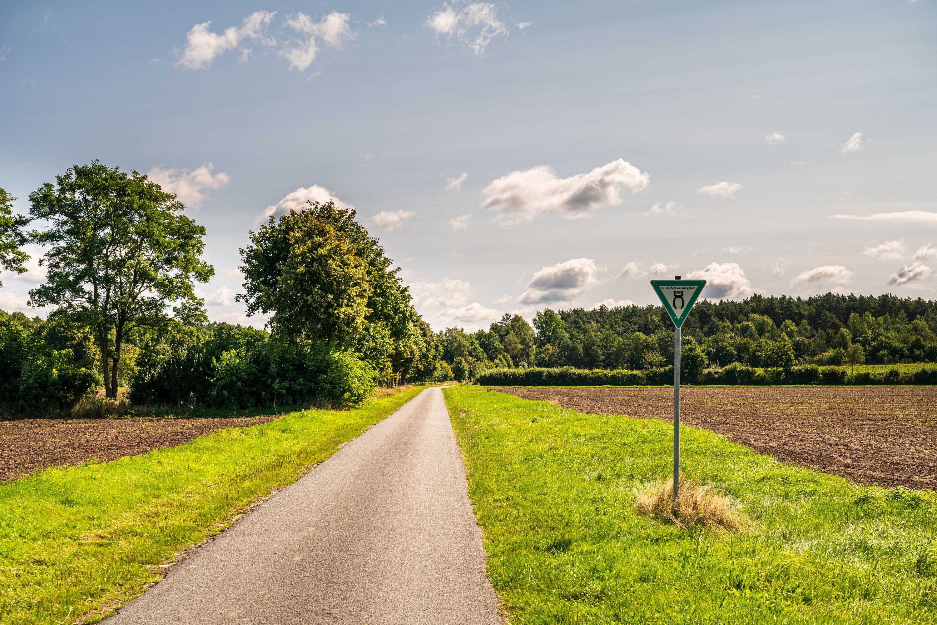 Der Wanderweg führt entlang weiter Feld- und Wiesenlandschaften