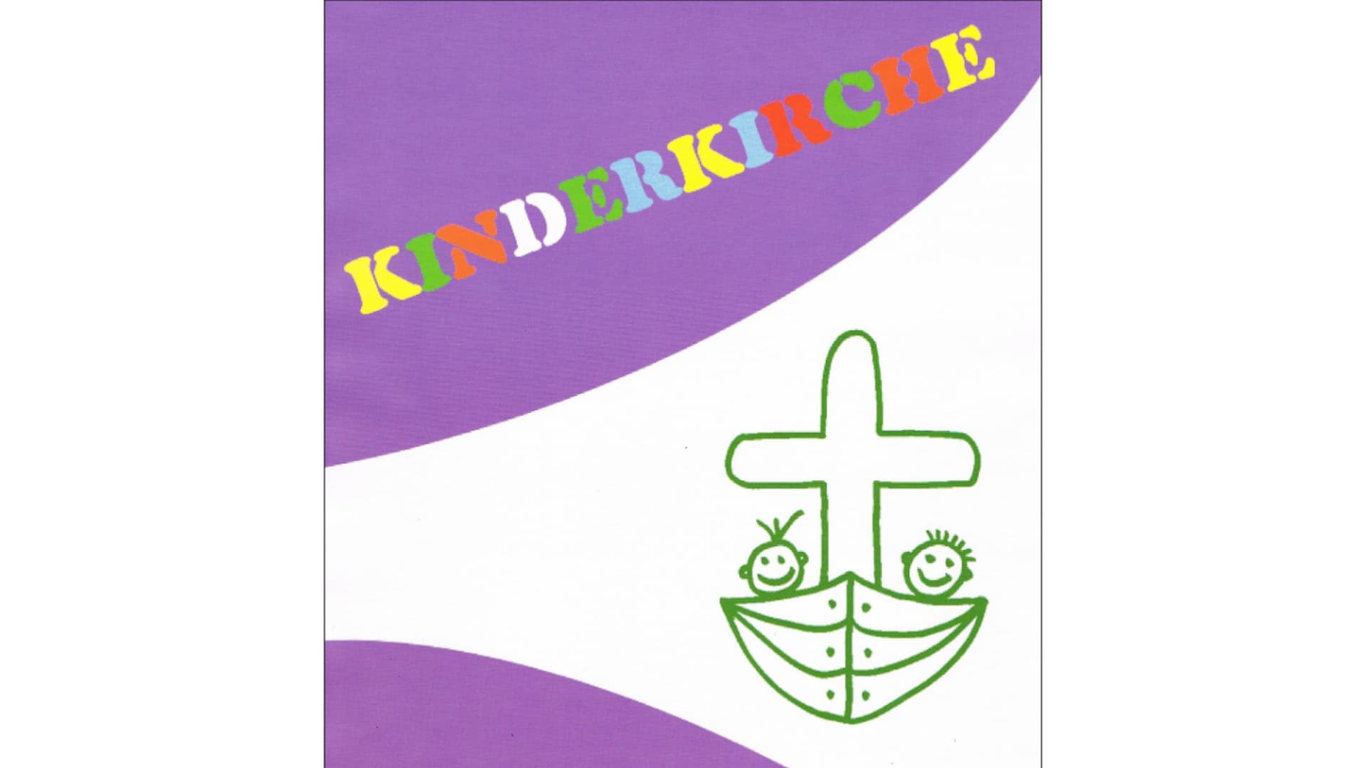 Buntes Logo mit Wort Kinderkirche, Kreuz, Boot und zwei lachenden Kinderfiguren auf weiß-lila Grund.
