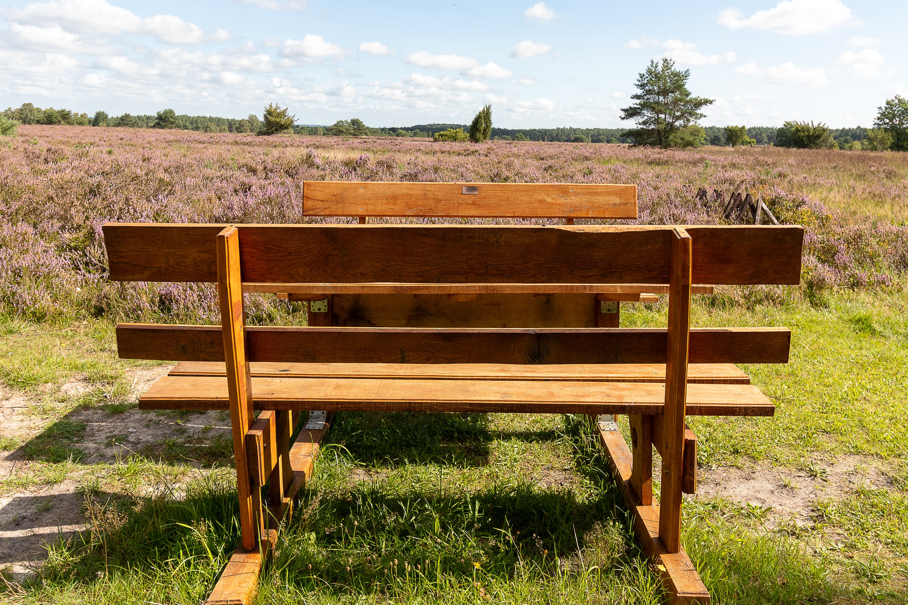 Picknickplatz mit Blick in die blühende Heidefläche