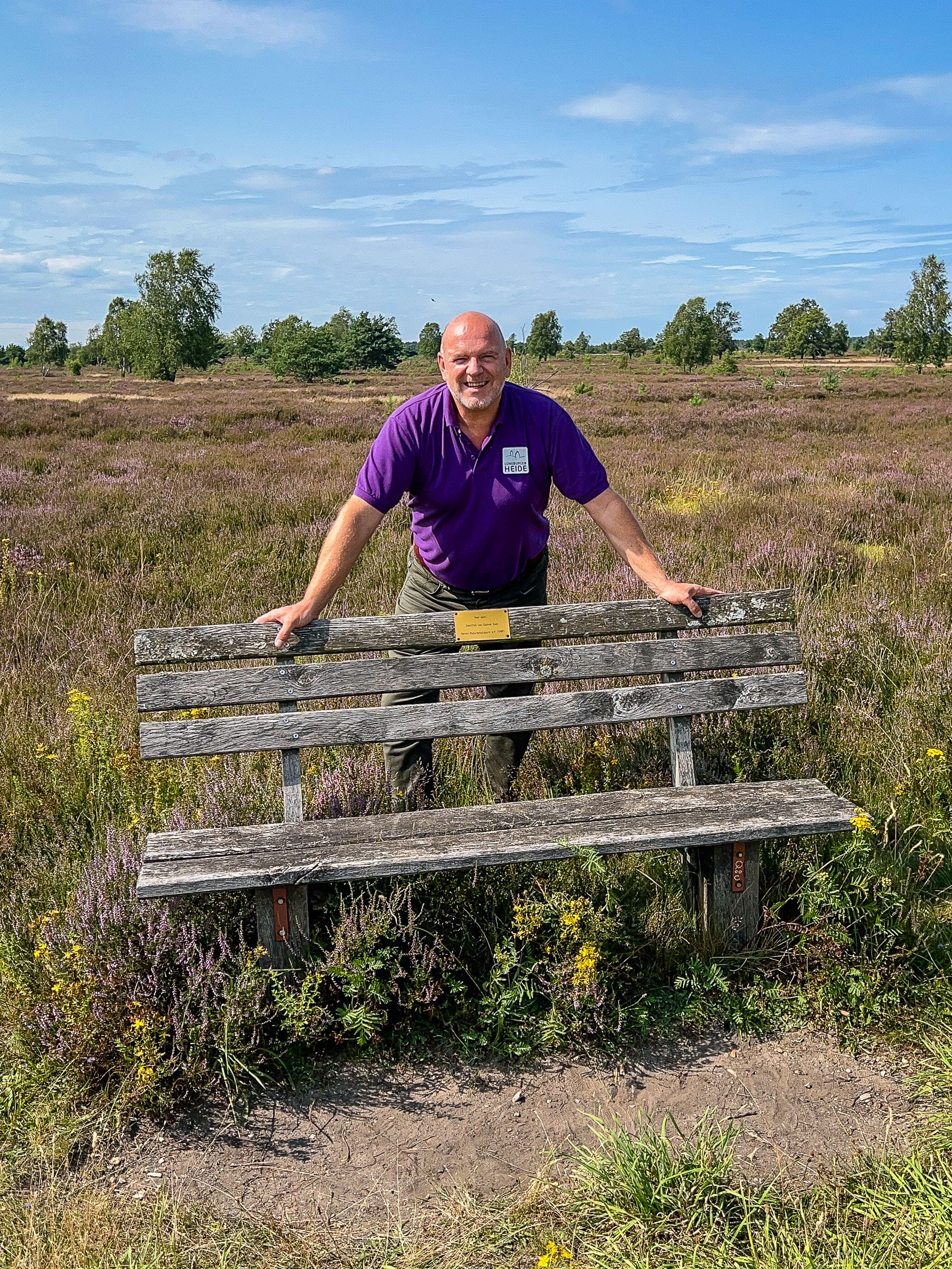 ein mann steht hinter einer bank vor einer blühenden heidefläche