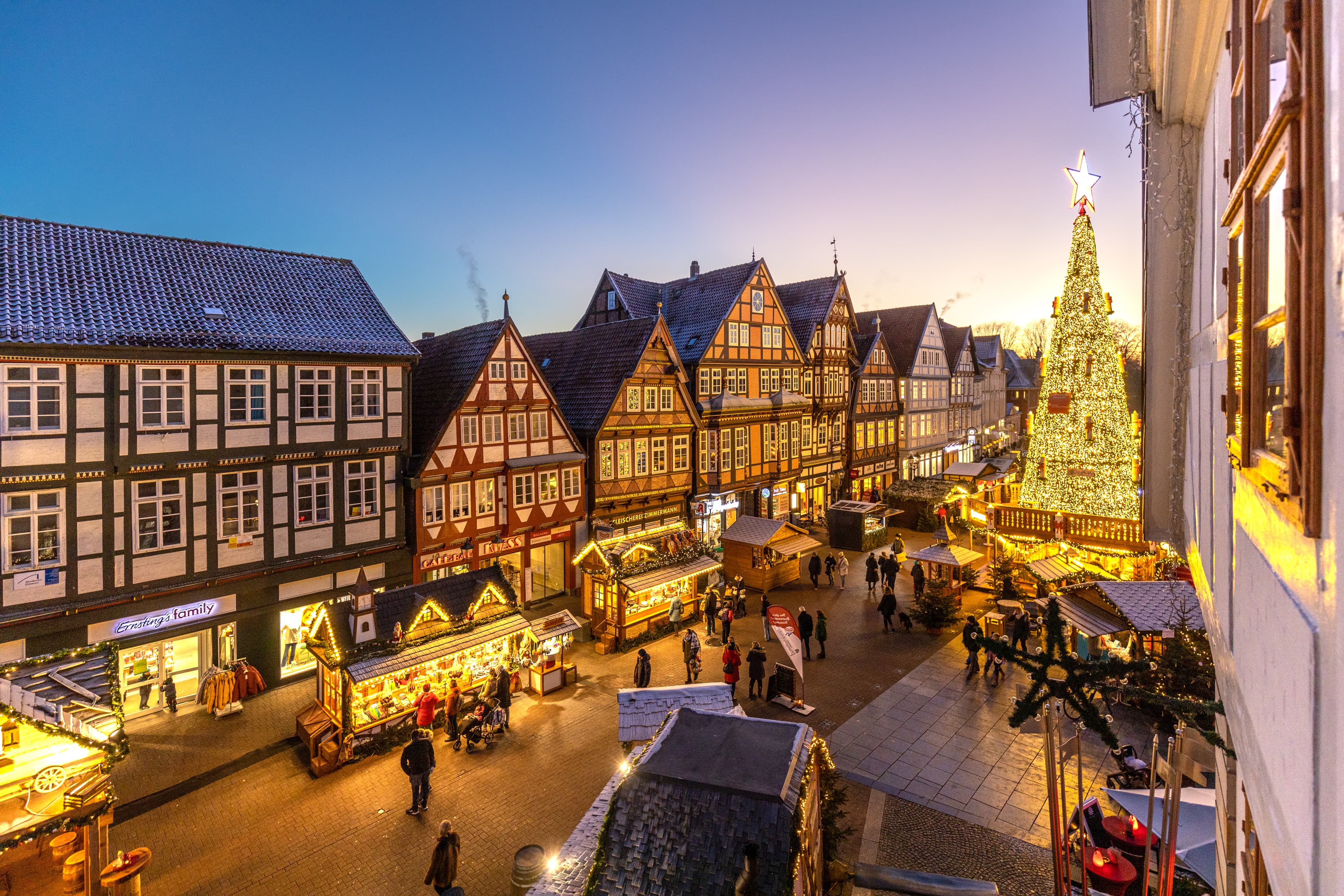 Weihnachtsmarkt in Celle mit Lichterglanz und großem Weihnachtsbaum