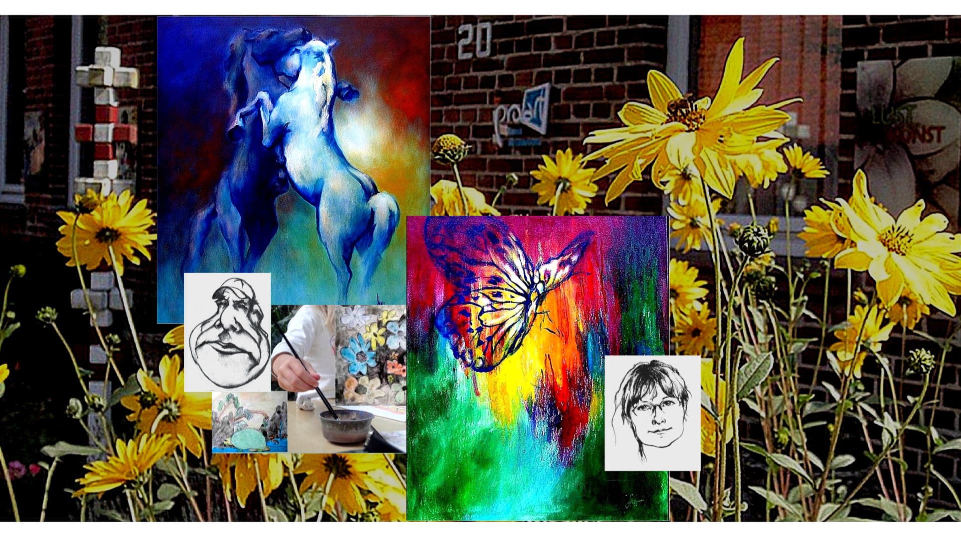 Collage bunter Gemälde mit Pferden und Schmetterling zwischen gelben Blumen am Atelier.