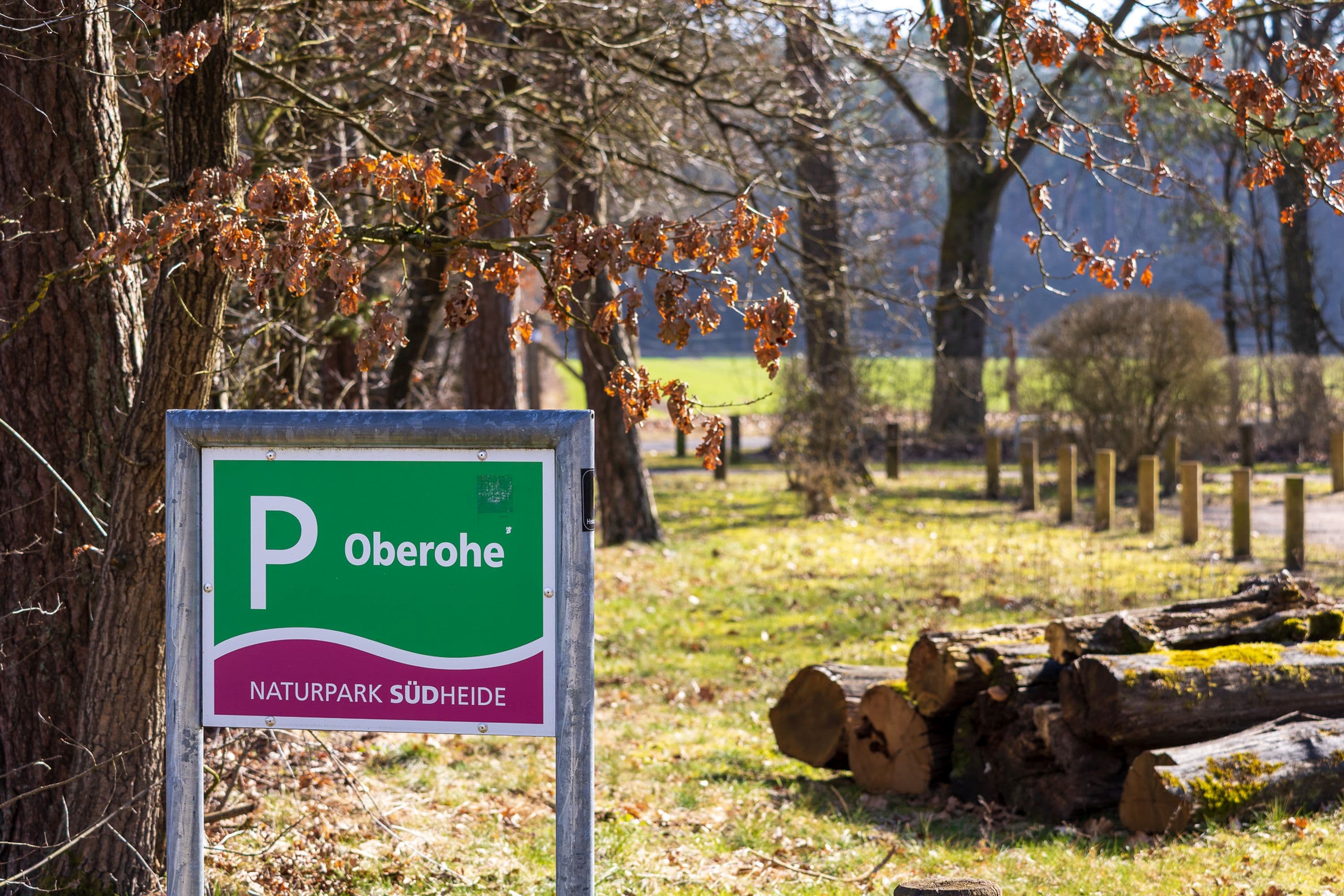 Parkplatzbeschilderung der Wanderung W5 in der Südheide in der Lüneburger Heide  zum Frühlingsanfang