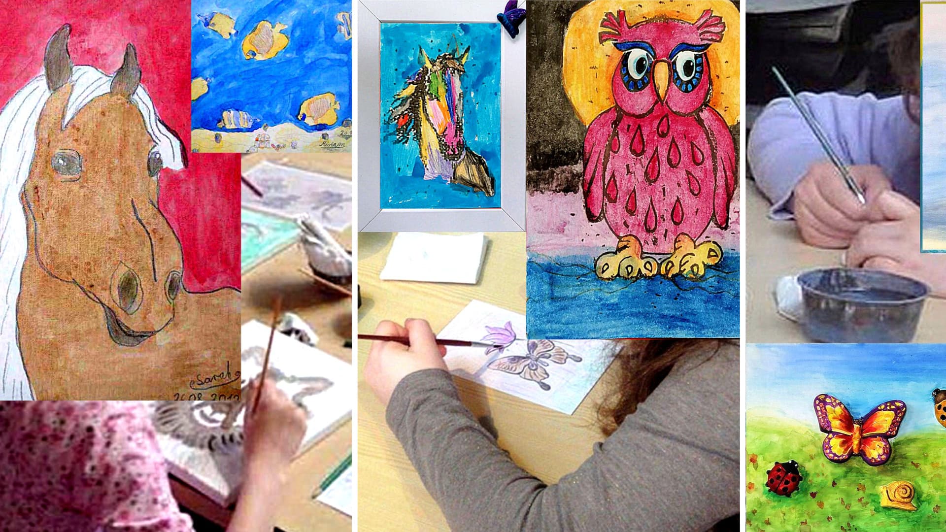 Collage auf der malende Kinderhände zusehen sind Collage showing children's hands paintingCollage, der viser børns hænder, der malerCollage met schilderende kinderhanden