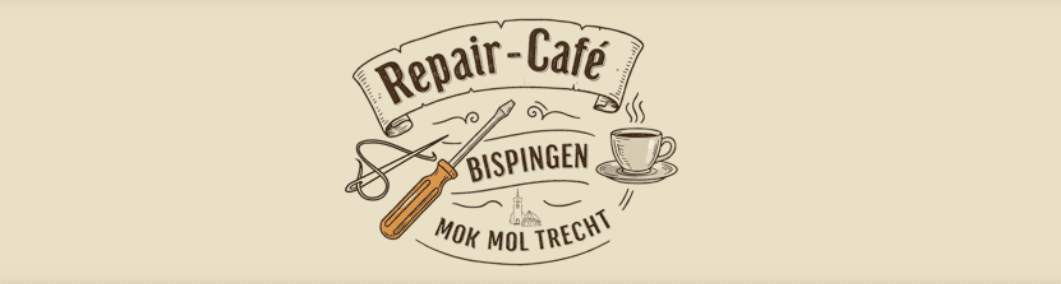 Logo des Repair-Cafés Bispingen mit Schraubendreher, Kaffeetasse und dem Schriftzug „Mok mol trecht“