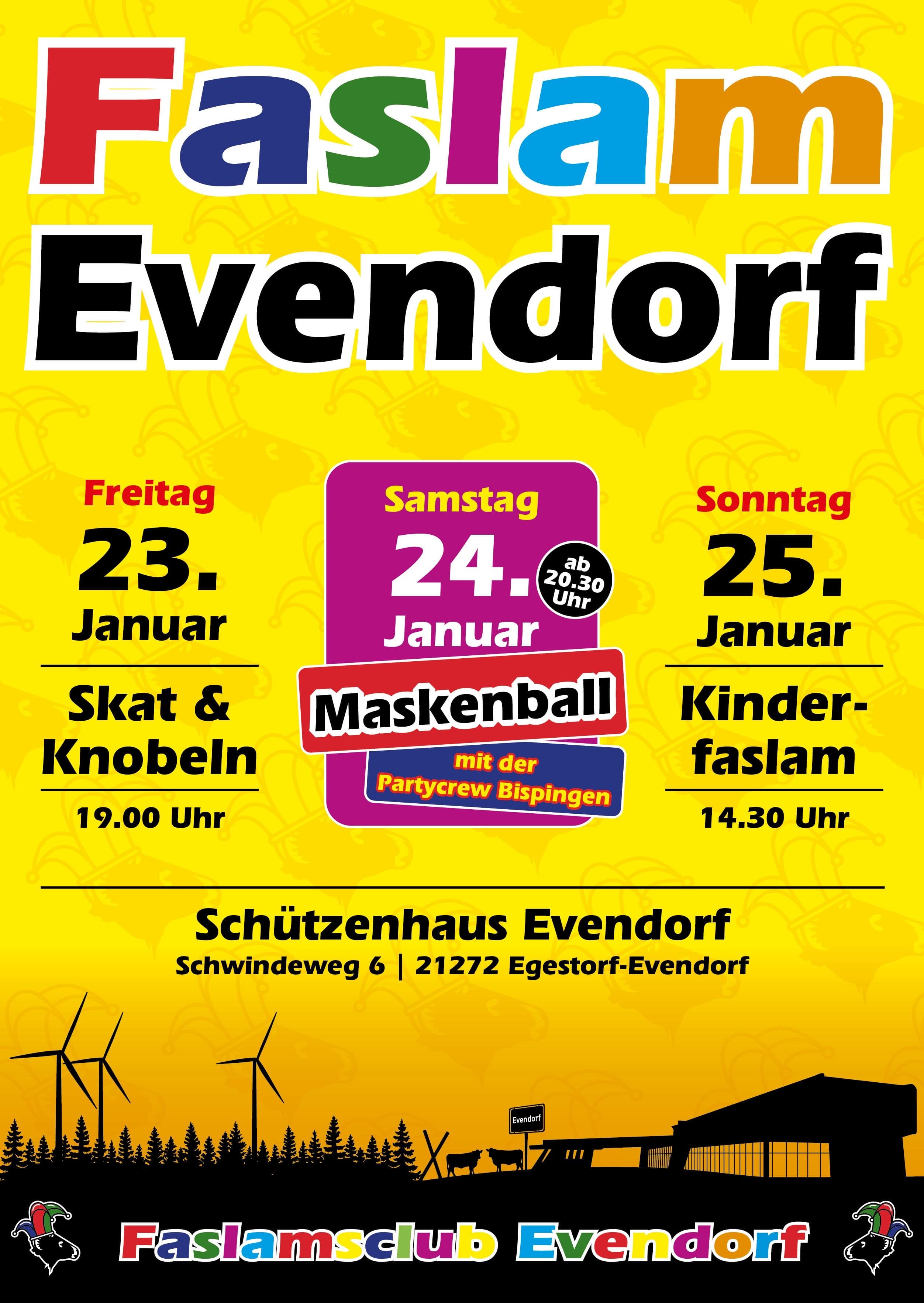 Buntes Plakat zum Faslam Evendorf 2026 mit Terminen für Maskenball, Kinderfaslam und Spieleabend.