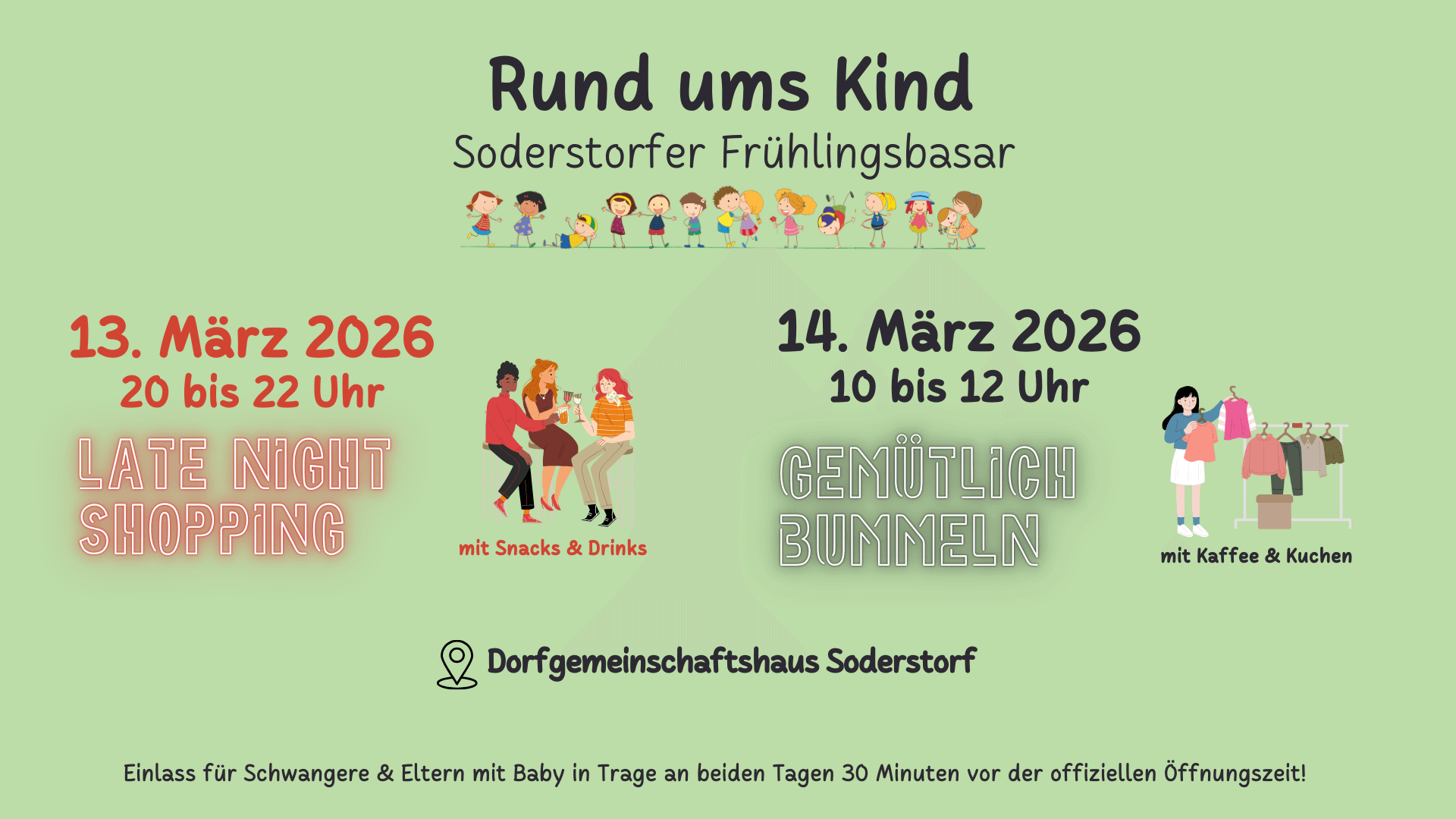 Grafik zum Soderstorfer Frühlingsbasar 2026 mit Terminen, Uhrzeiten und Illustrationen von Familien.