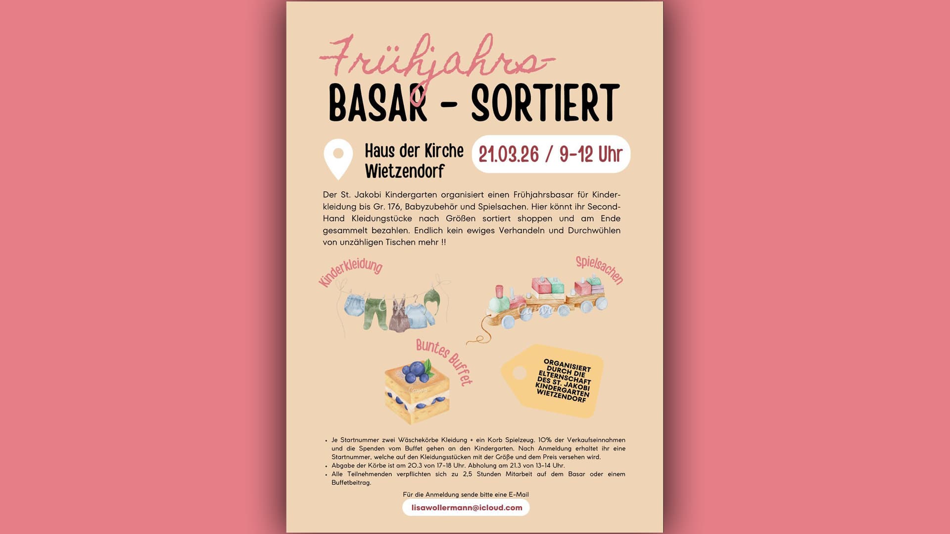Einladender Flyer für den sortierten Frühjahrsbasar in Wietzendorf mit Kinderkleidung und Spielzeug.