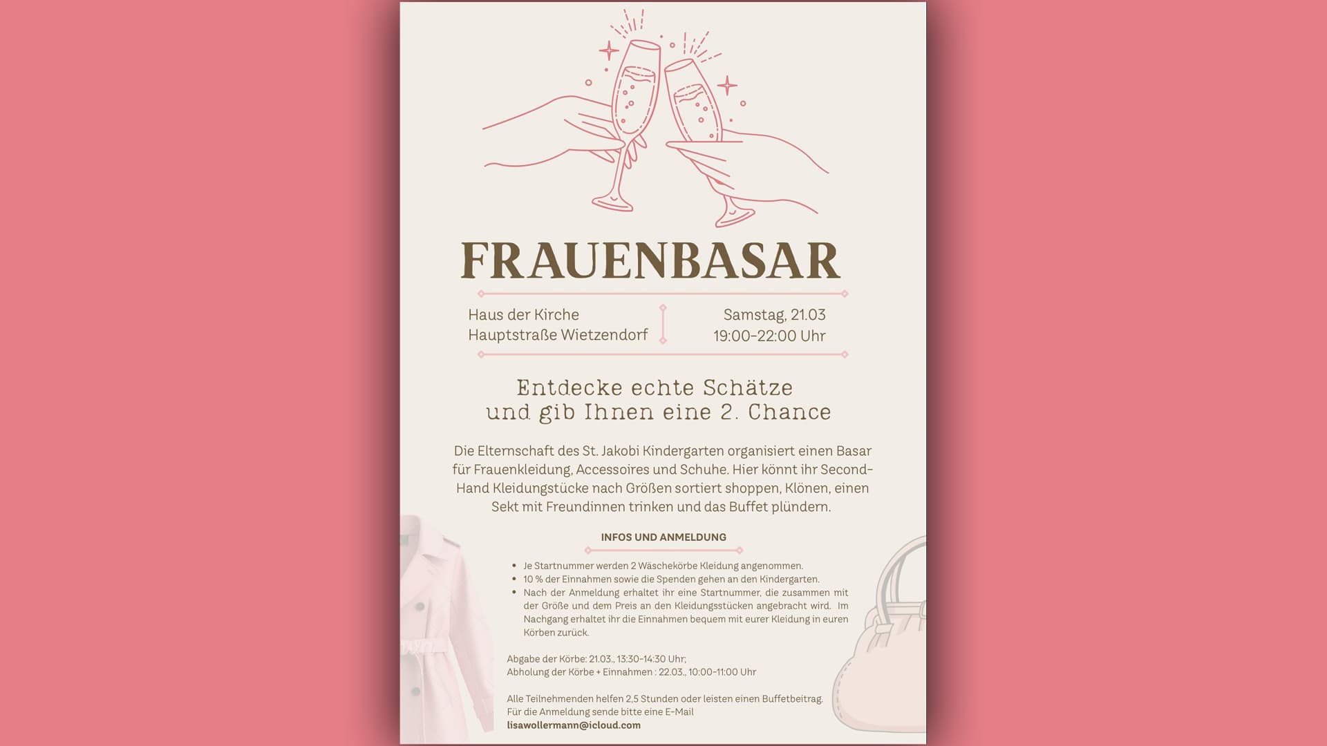 Flyer mit rosafarbenem Hintergrund und Kleider-Illustrationen kündigt Frauenbasar in Wietzendorf an.