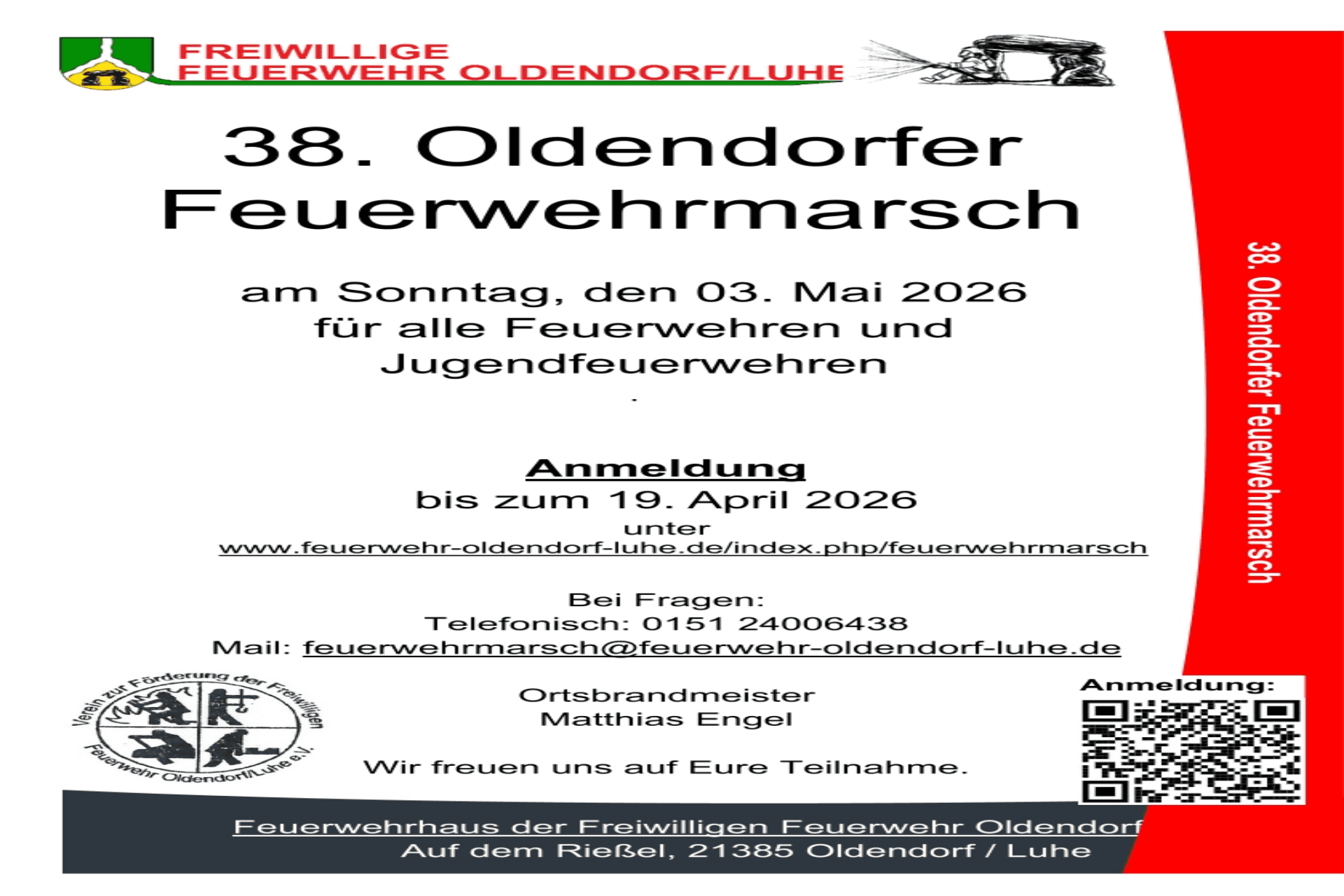 Einladungsplakat zum 38. Oldendorfer Feuerwehrmarsch am 3. Mai 2026 für Feuerwehren.