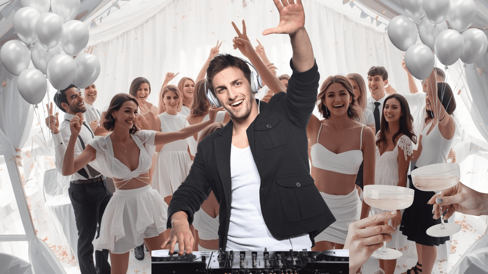 Lächelnder DJ am Mischpult vor tanzenden, weiß gekleideten Gästen und Luftballons.