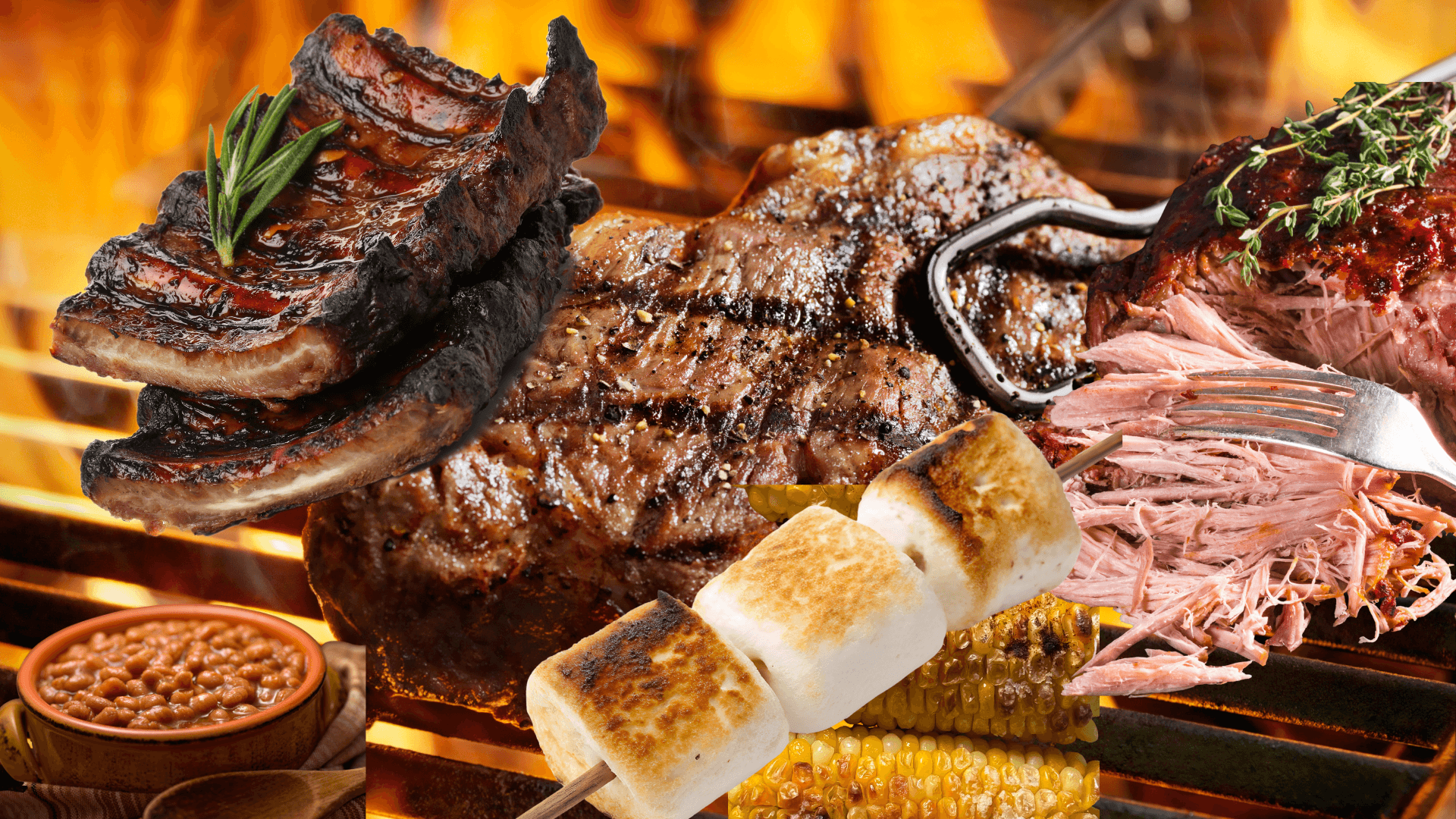 Gegrilltes Fleisch, Rippchen, Pulled Pork, Mais, Bohnen und geröstete Marshmallows über Feuer.