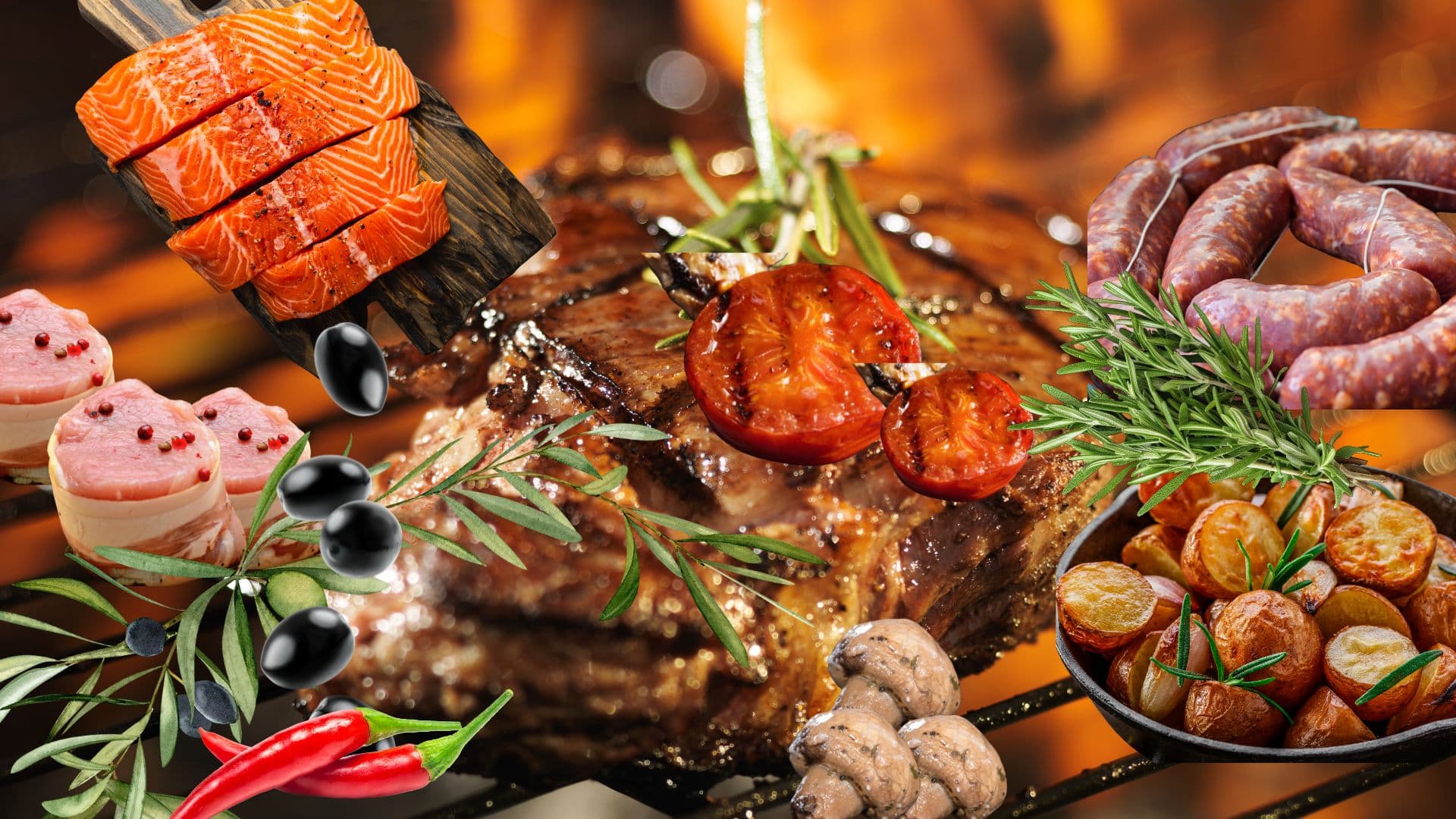 Mediterranes Barbecue mit Fleisch, Lachs, Würstchen, Kartoffeln und Gemüse am Feuer.