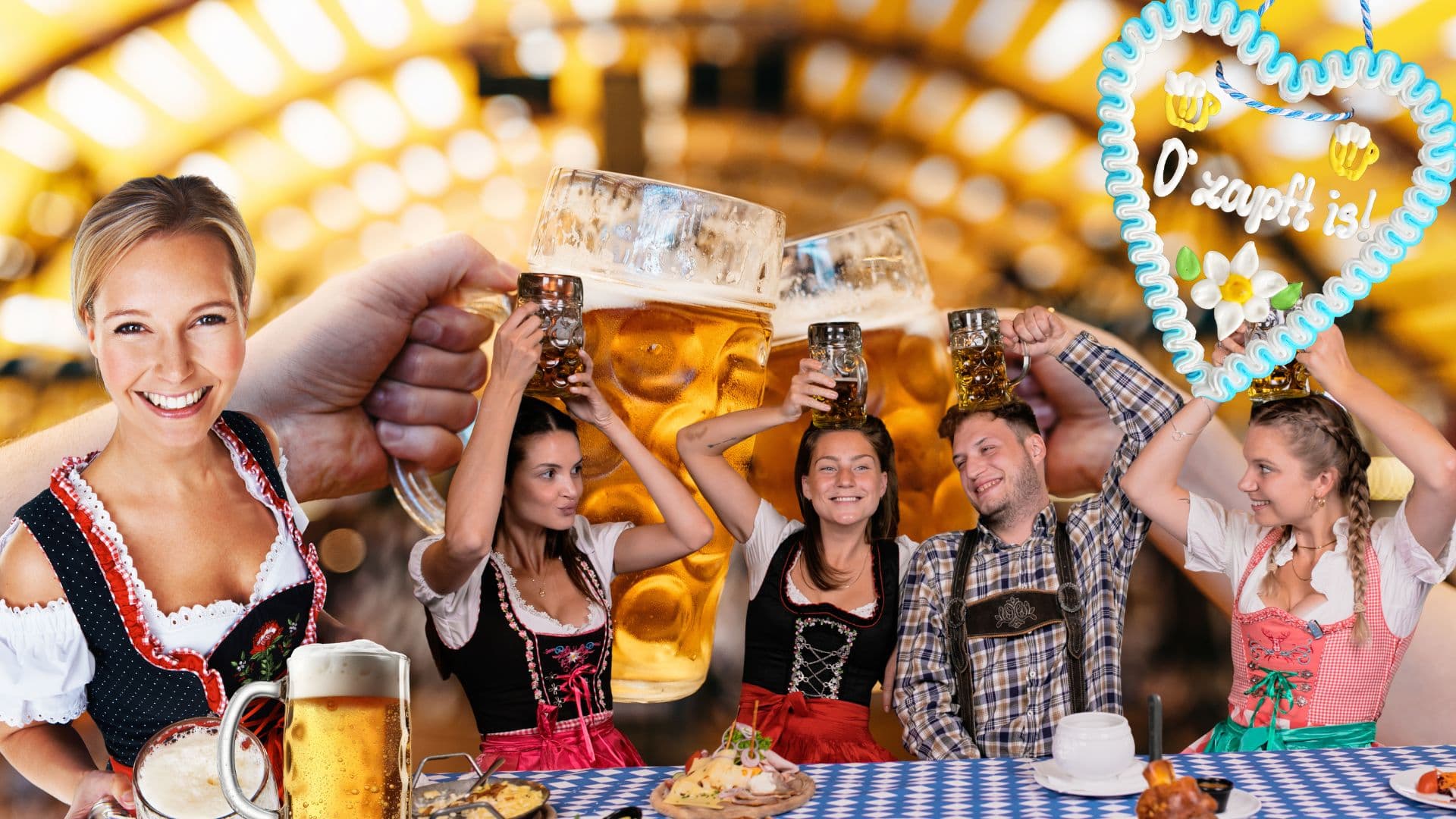 Ausgelassene Menschen in Tracht stoßen mit großen Bierkrügen im Festzelt an.