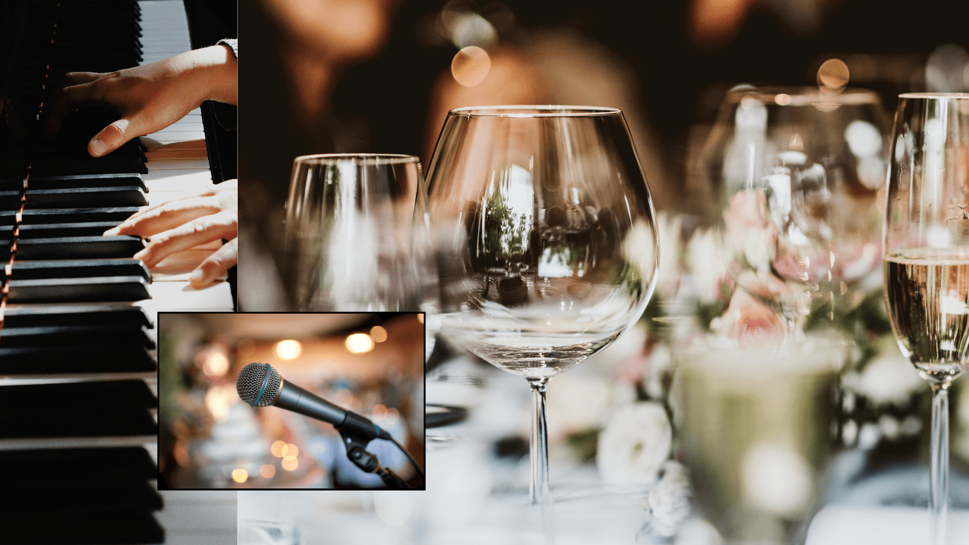 Hände am Klavier, ein Mikrofon und festlich gedeckte Tische mit Weingläsern.
