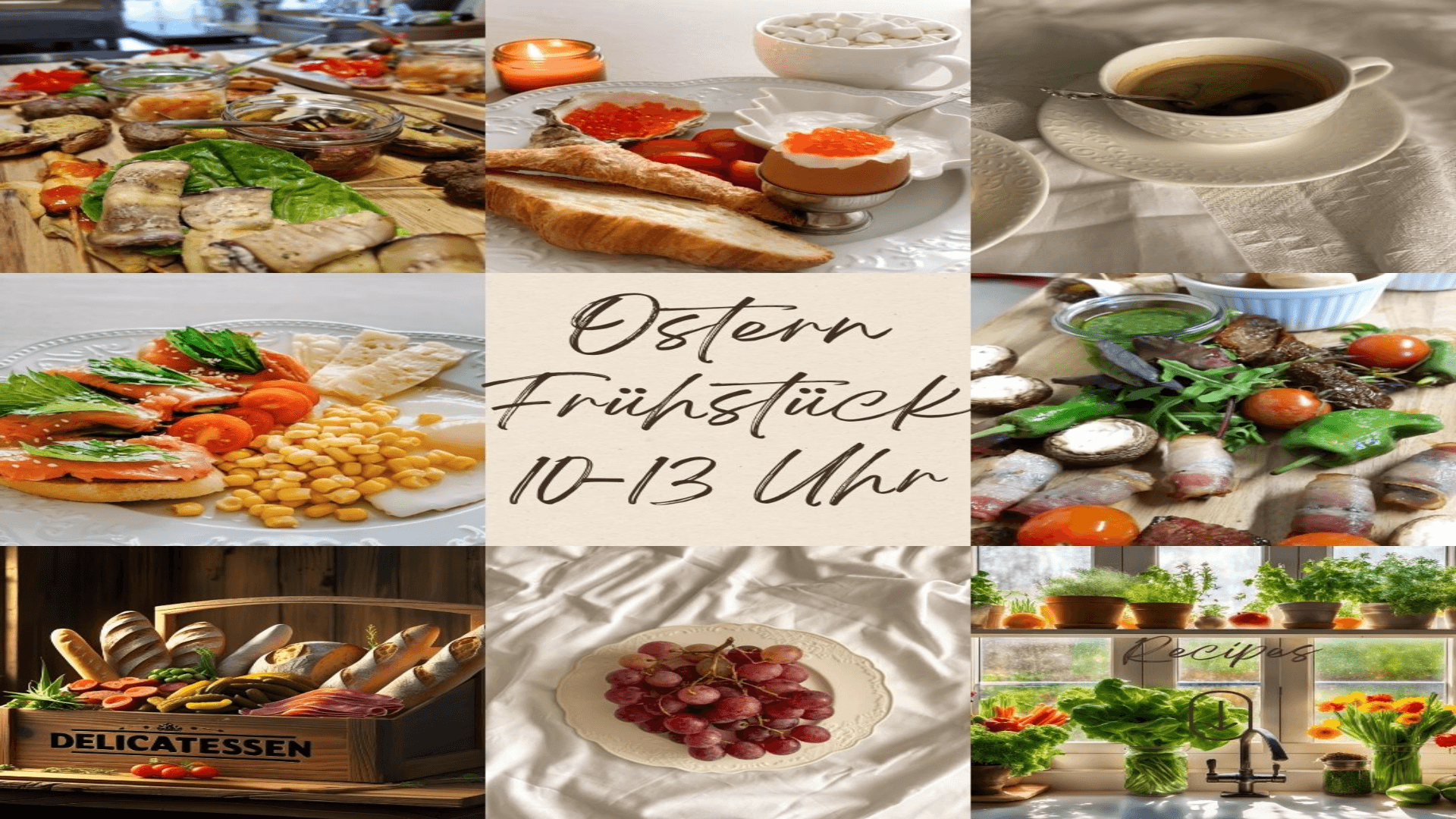 Collage mit verschiedenen Speisen für ein Osterfrühstück, darunter Lachs, Brot, Kaviar und Kaffee.