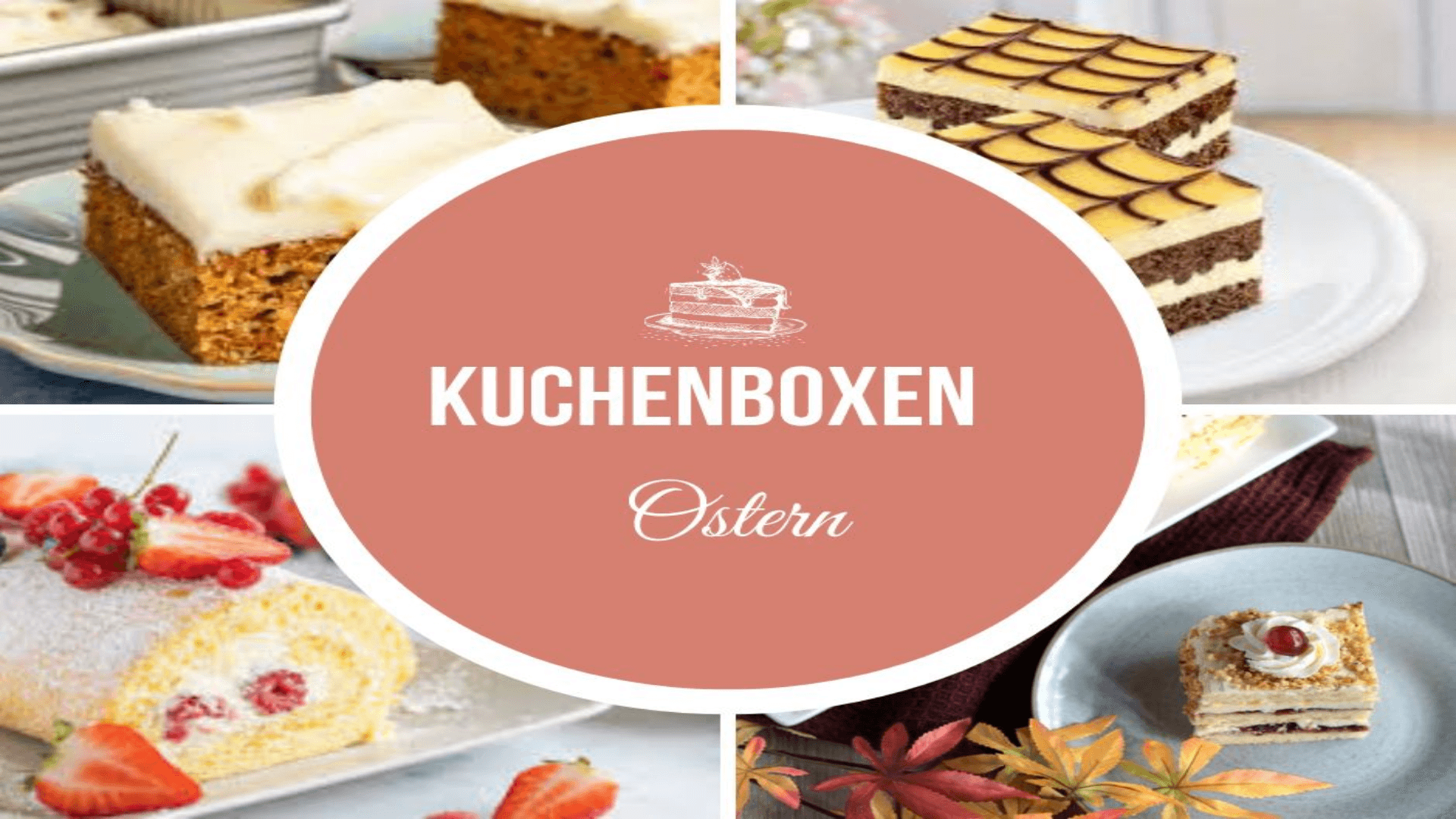 Collage aus vier Kuchenstücken und dem zentralen Schriftzug Kuchenboxen Ostern.