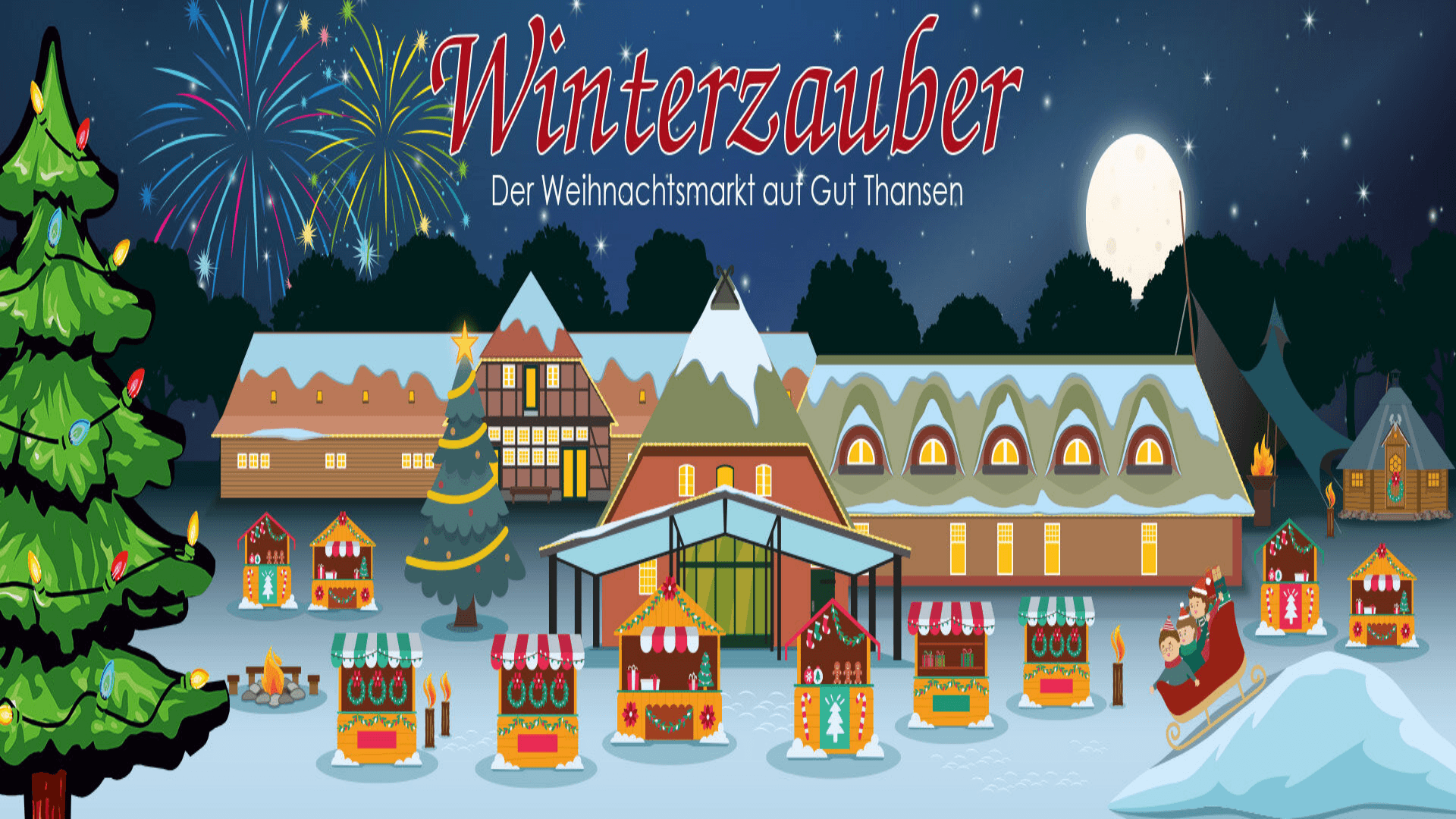 Verschneiter Weihnachtsmarkt auf Gut Thansen mit beleuchteten Buden, Tannen und Feuerwerk.