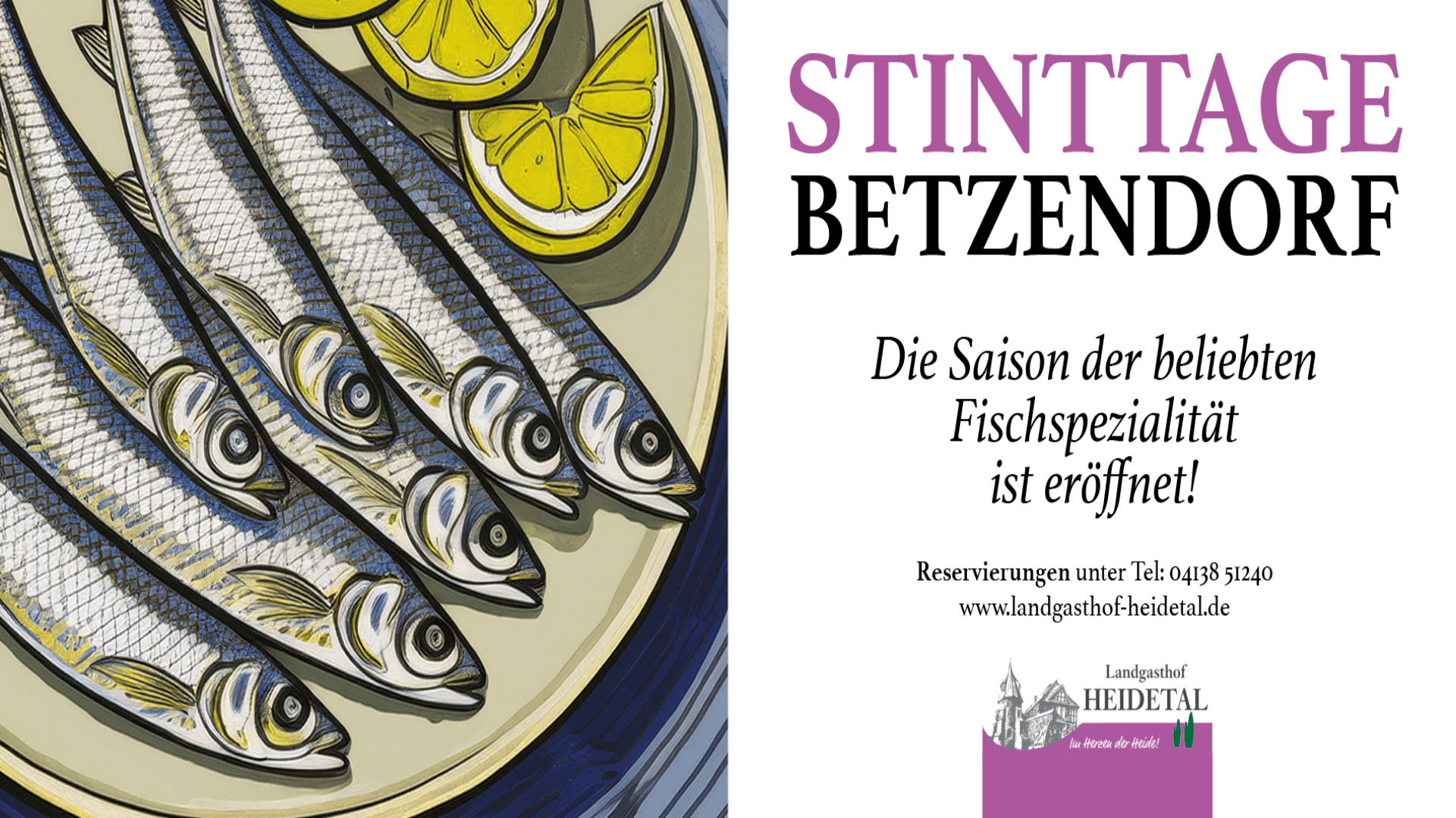 Plakat der Stinttage Betzendorf mit illustrierten Fischen und Zitronen auf einem Teller.
