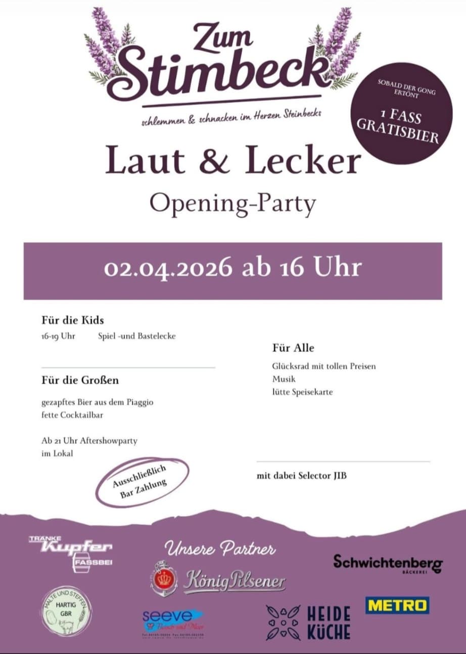 Plakat zur Opening-Party Zum Stimbeck in Bispingen am 02.04.2026 mit Musik und Speisen.