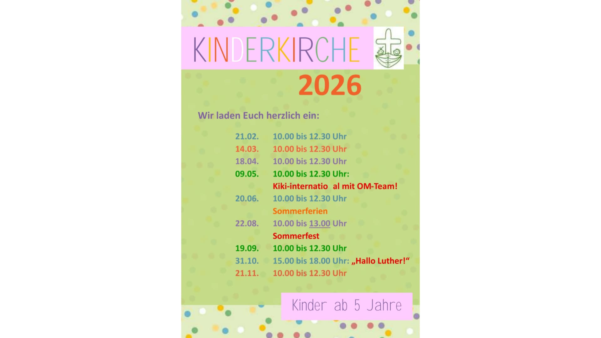 Ein Plakat für die Kinderkirche Bispingen 2026. Es zeigt verschiedene Veranstaltungstermine.