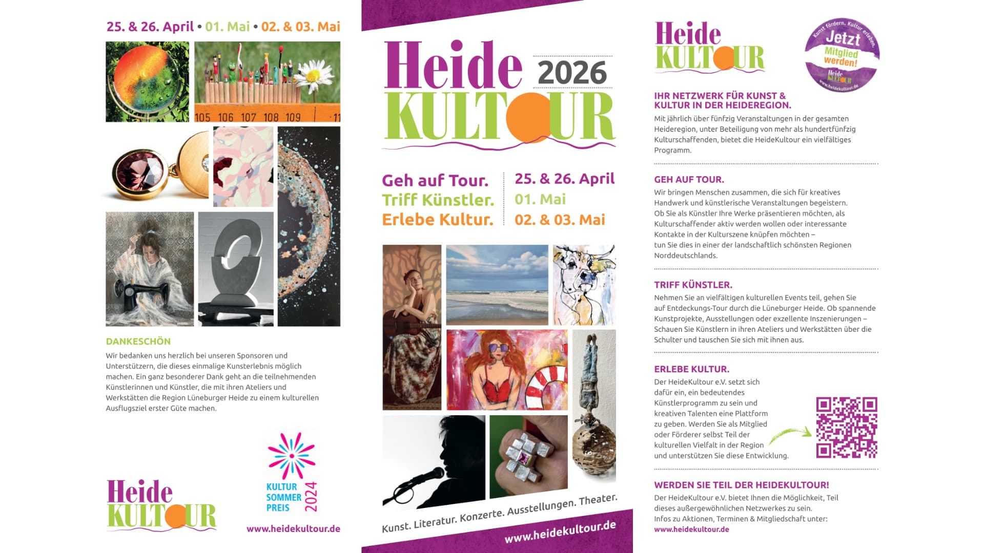 Flyer der HeideKultour 2026 mit Infos zu Kunst, Kultur und Terminen im April und Mai.