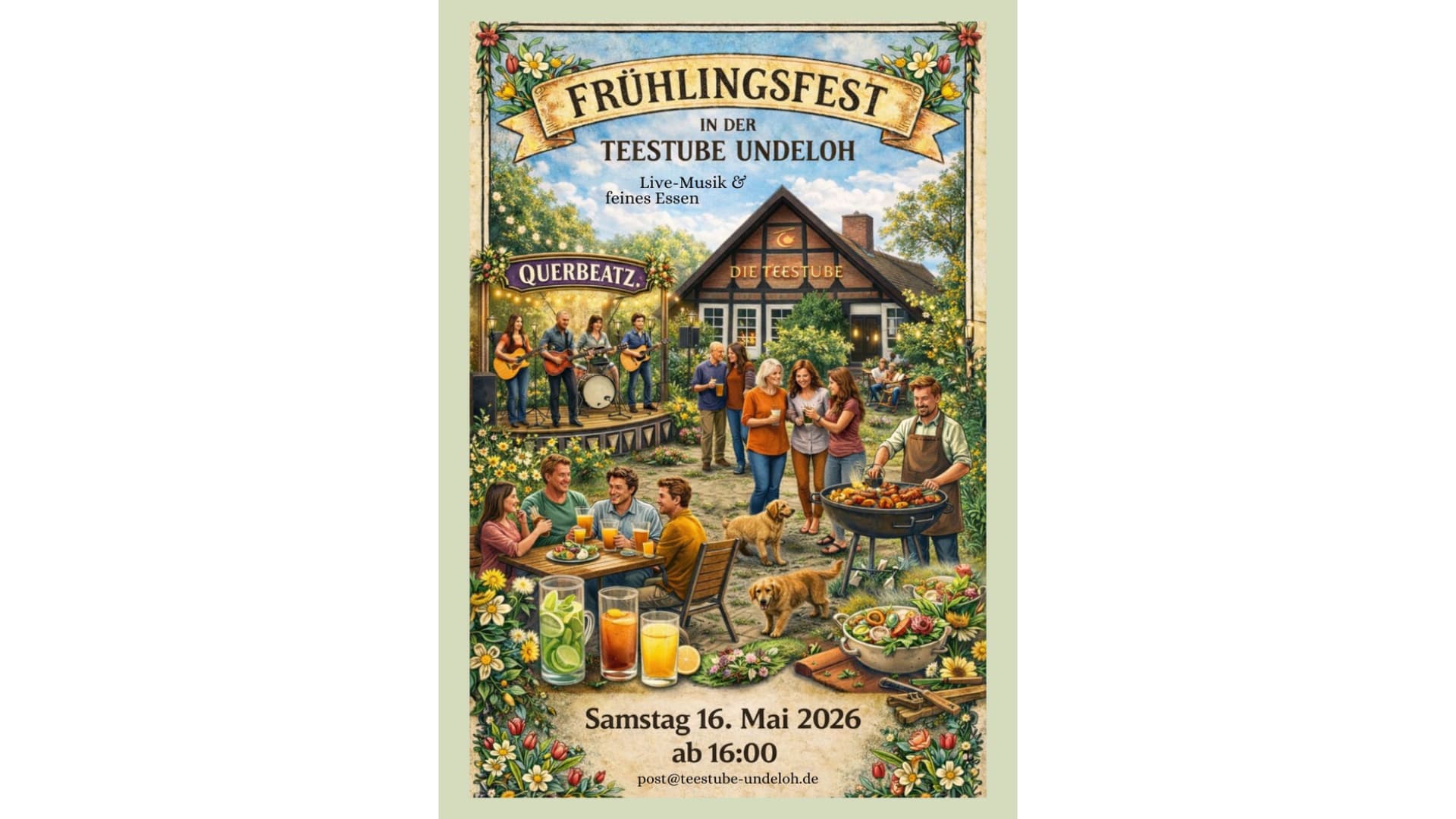 Plakat für das Frühlingsfest in Undeloh mit Live-Musik, Essen, Gästen vor der Teestube und Hunden.