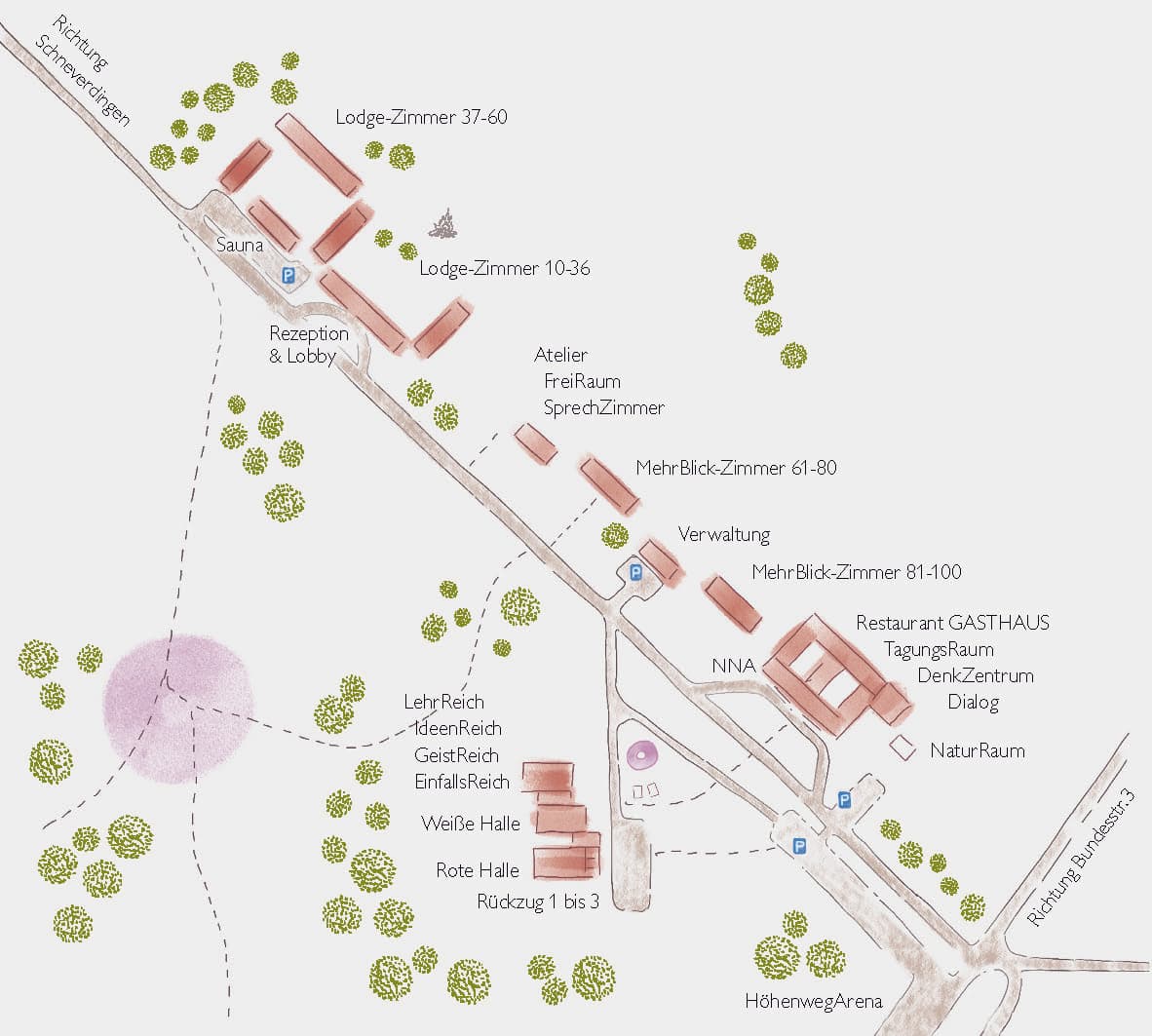 Lageplan von der LODGE REINSEHLEN mit den Wegen, den Gebäuden und Bezeichnungen.