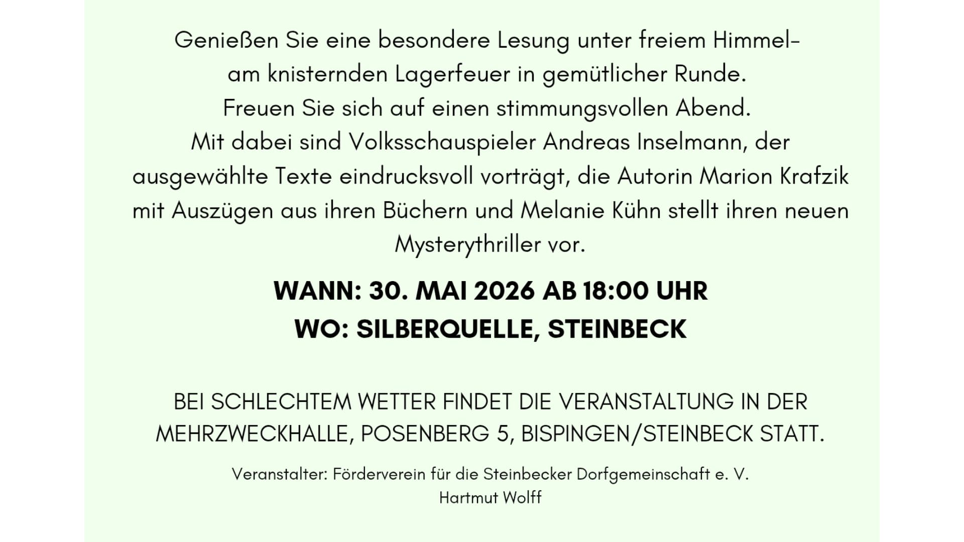 Veranstaltungsplakat für eine Open-Air-Lesung am 30. Mai 2026 in der Silberquelle.