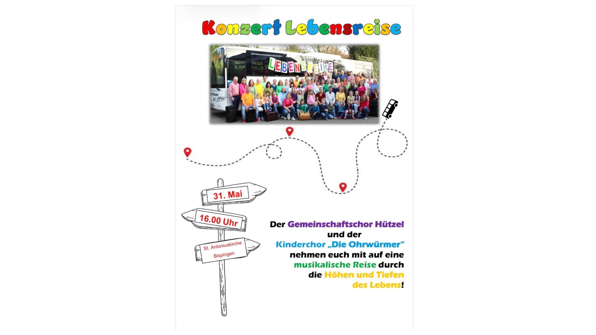 Veranstaltungsplakat Konzert Lebensreise mit einem großen Chor vor einem Reisebus.