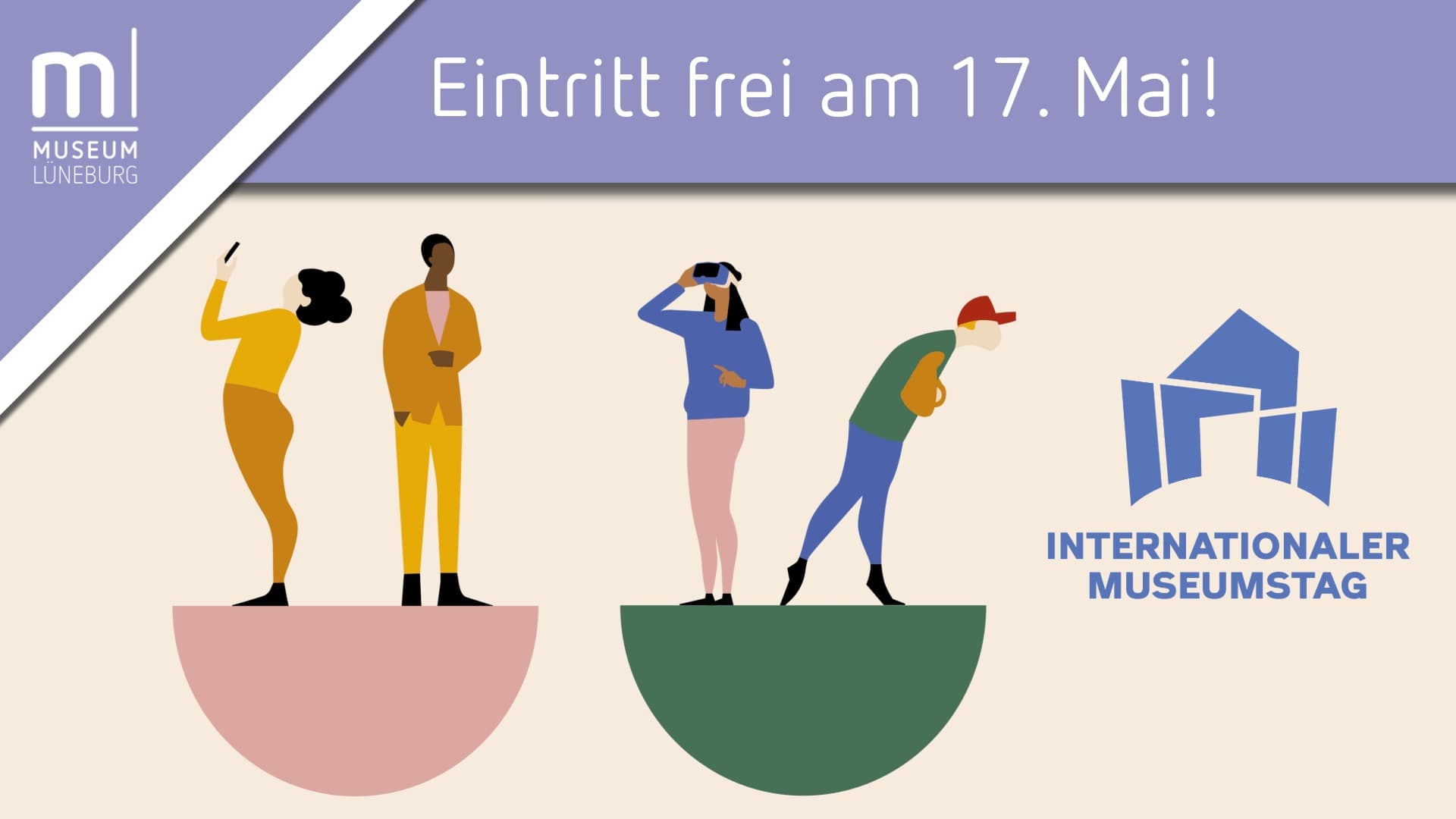 Bunte Illustration zum Internationalen Museumstag: Museumsbesucher*innen mit Handy, VR-Brille oder neugierigem Blick. Eintritt frei am 17. Mai!