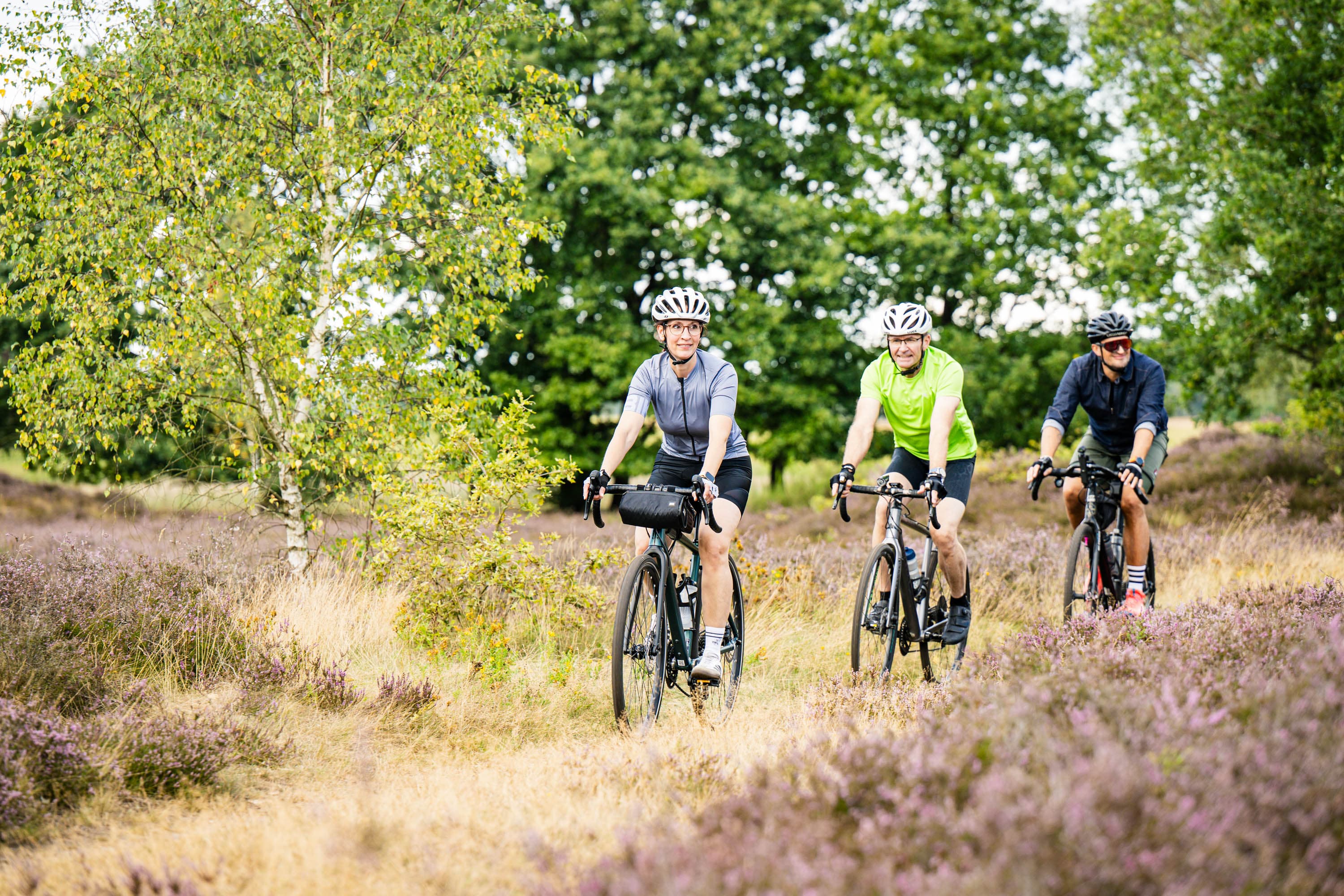 3 sportive Gravelbiker fahren auf einem Sandweg durch die blühende Heide in der Heideregion Uelzen