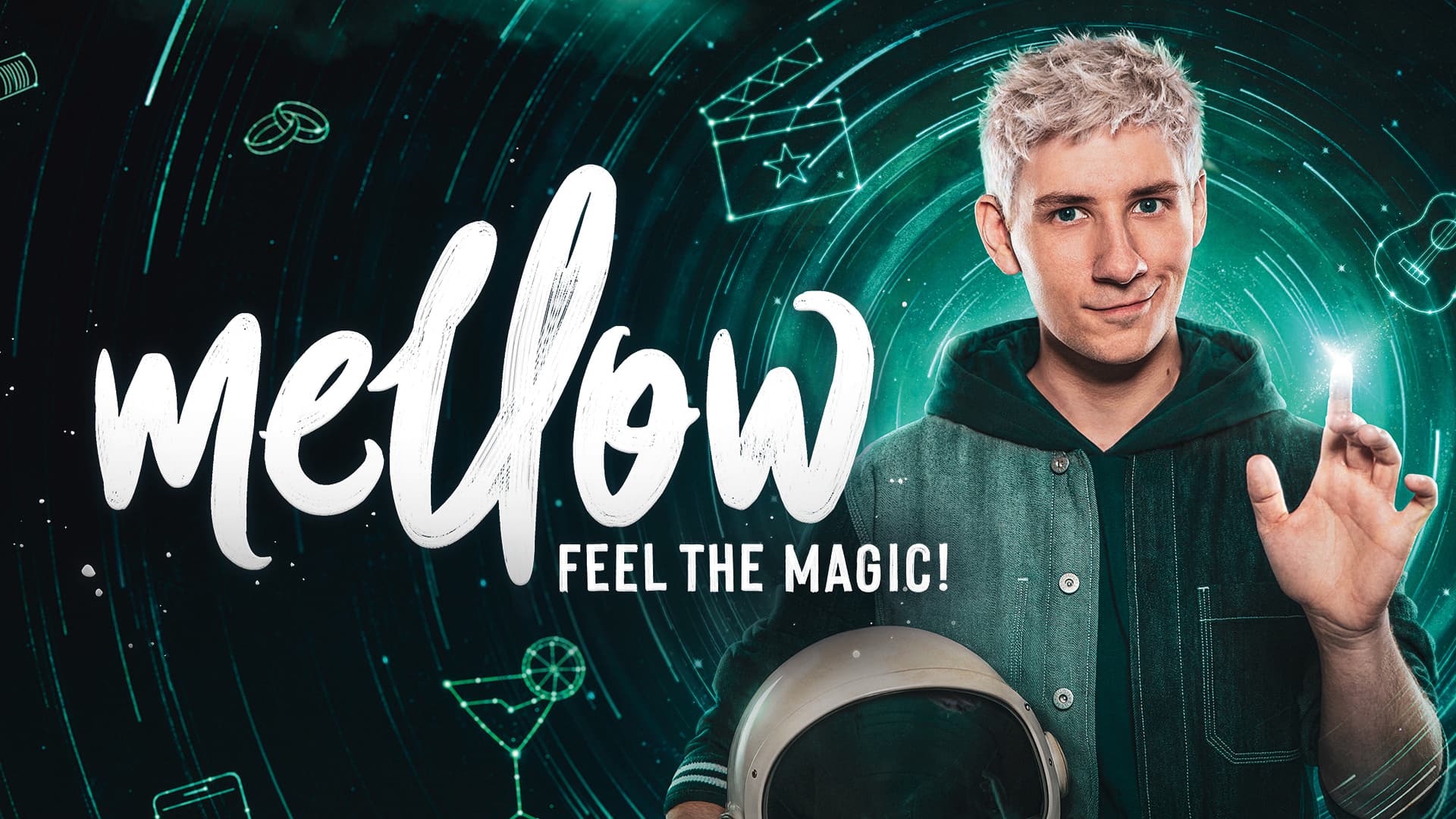 Magier Mellow mit Astronautenhelm und leuchtendem Finger neben Text: mellow FEEL THE MAGIC!
