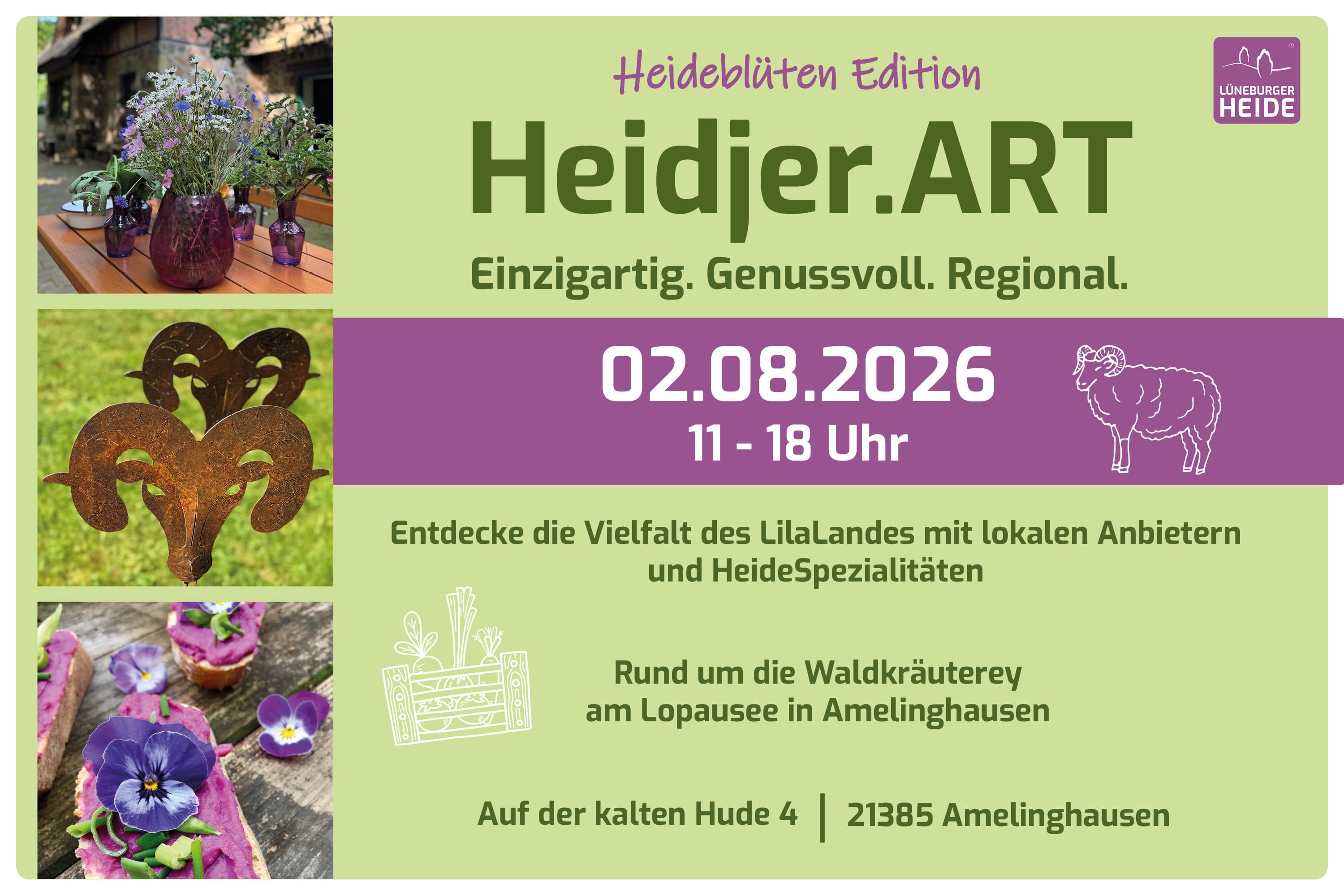 regionale produkte aus der lüneburger heide, darunter ein hörner aus metall und brote mit lilafarbenen kräutern und gelben blüten