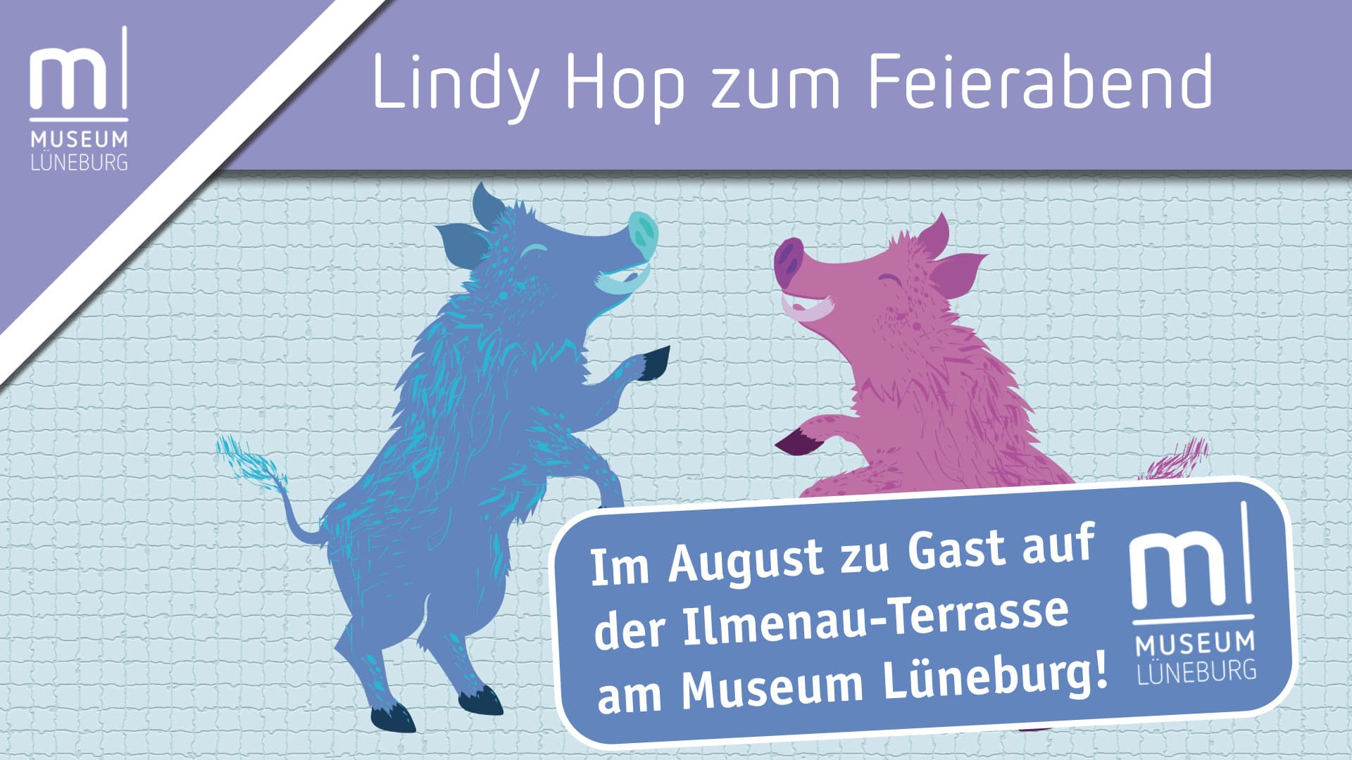 Plakat mit zwei tanzenden Wildschweinen zu Lindy Hop zum Feierabend im Museum Lüneburg.
