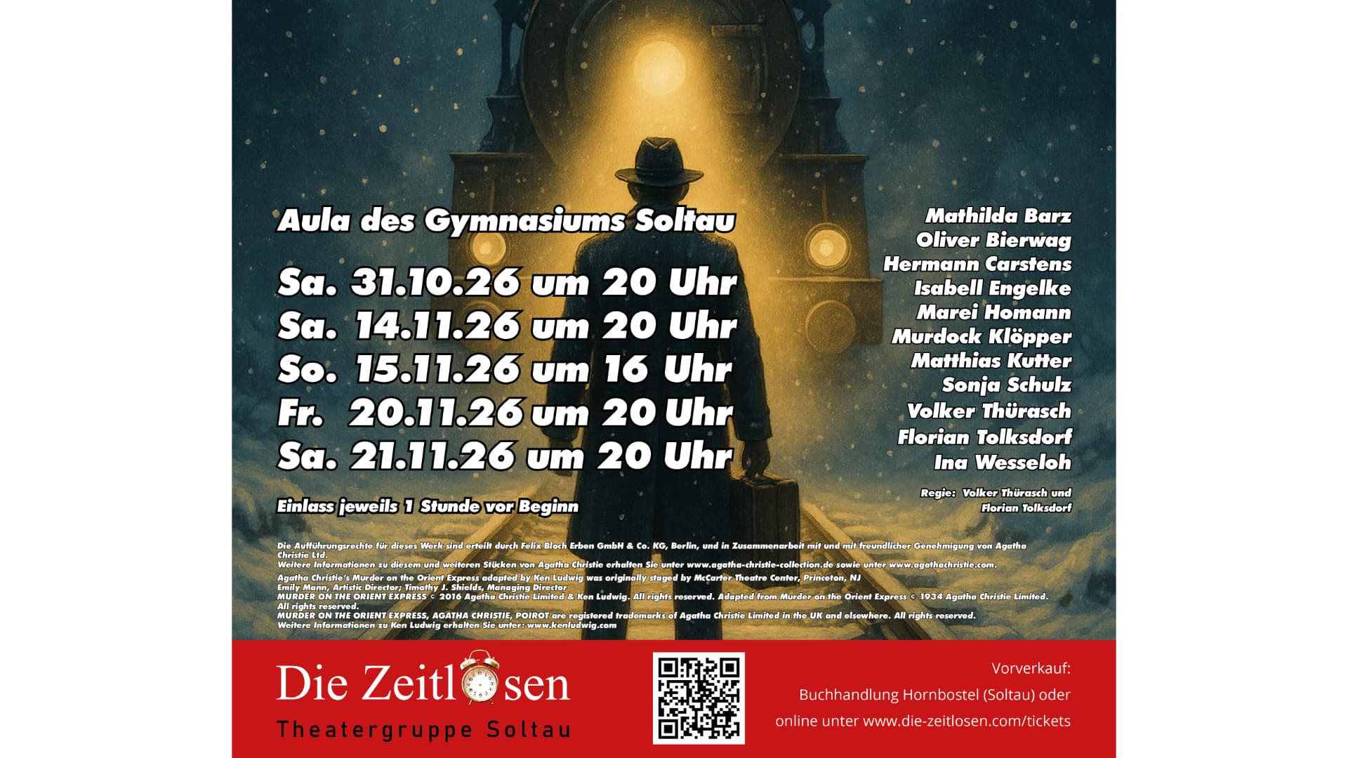 Plakat zu „Mord im OrientExpress“: Silhouette vor Zug im Schnee, Termine in Soltau.