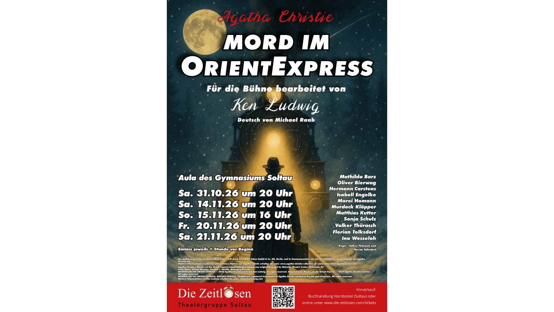 Theaterplakat zu Agatha Christies „Mord im Orientexpress“ mit Zug bei Nacht.