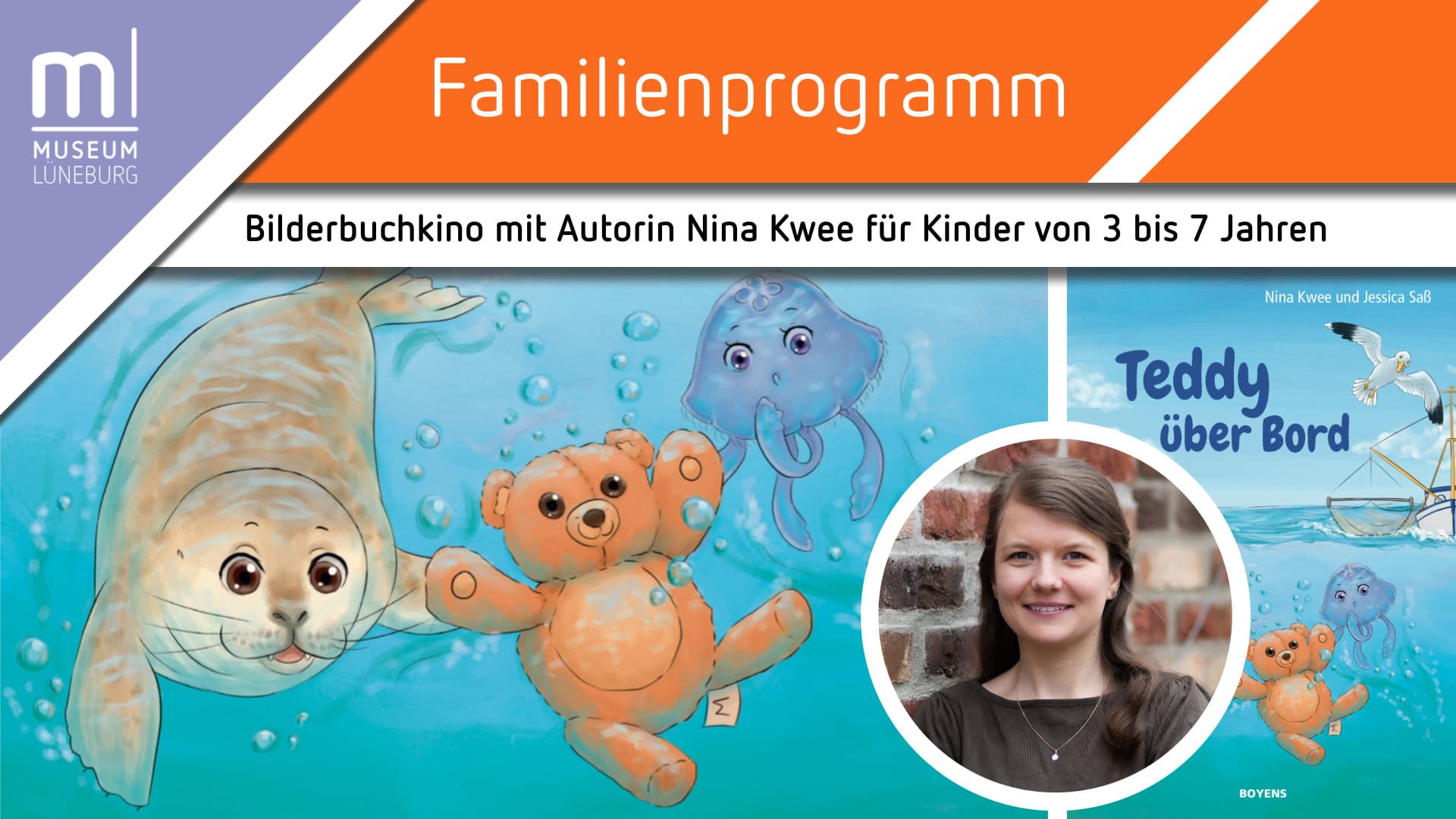 Plakat zum Bilderbuchkino mit Nina Kwee, Buchcover „Teddy über Bord“ und Meeresmotiven.