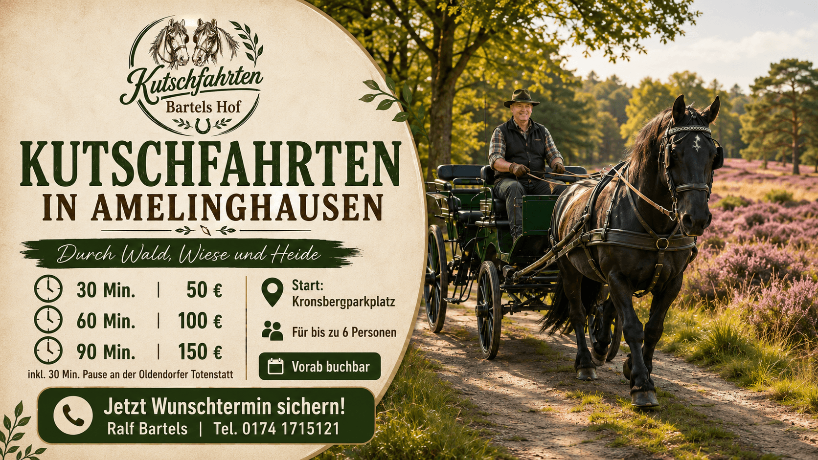 Pferdekutsche fährt durch blühende Heide bei Amelinghausen mit Infotafel zu Kutschfahrten