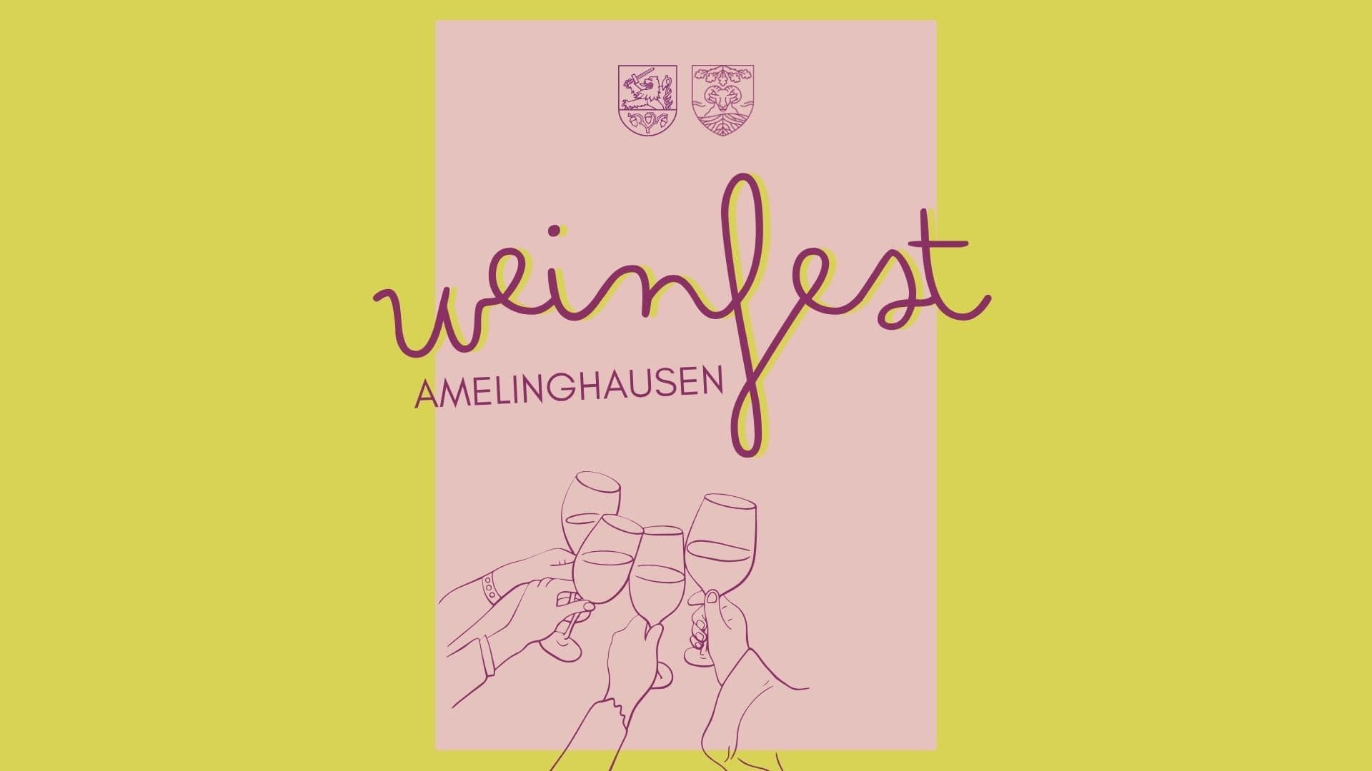 Grafik zum Weinfest Amelinghausen mit anstoßenden Weingläsern auf gelbem Hintergrund.