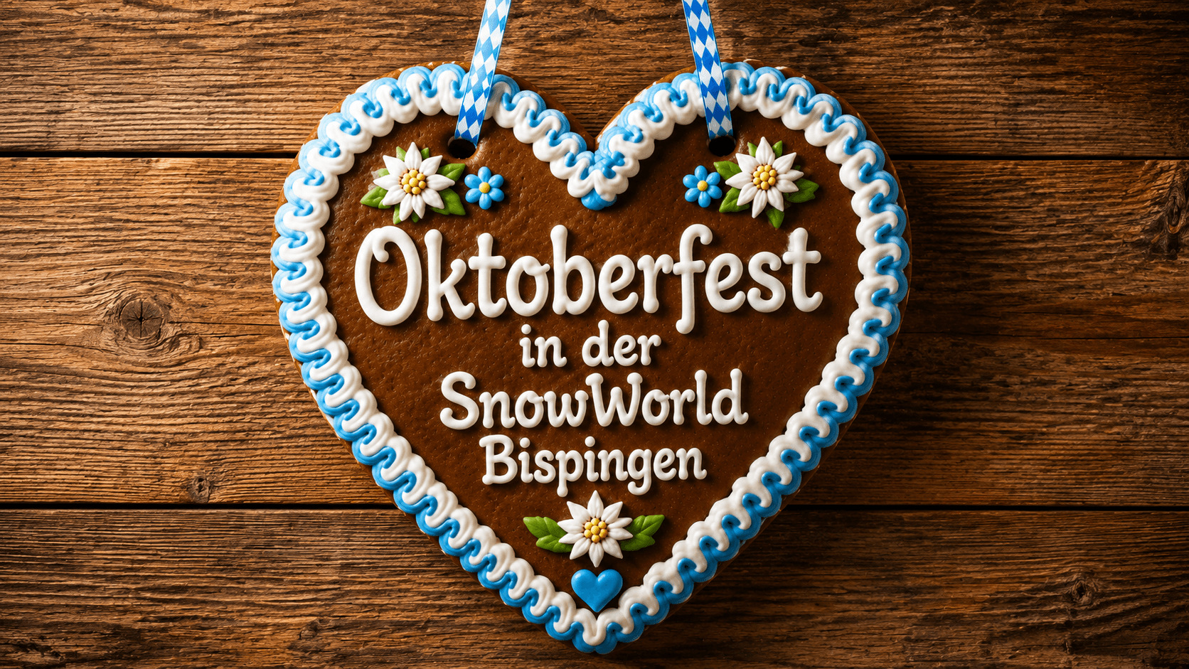 Lebkuchenherz mit Schriftzug „Oktoberfest in der SnowWorld Bispingen“ auf Holz.