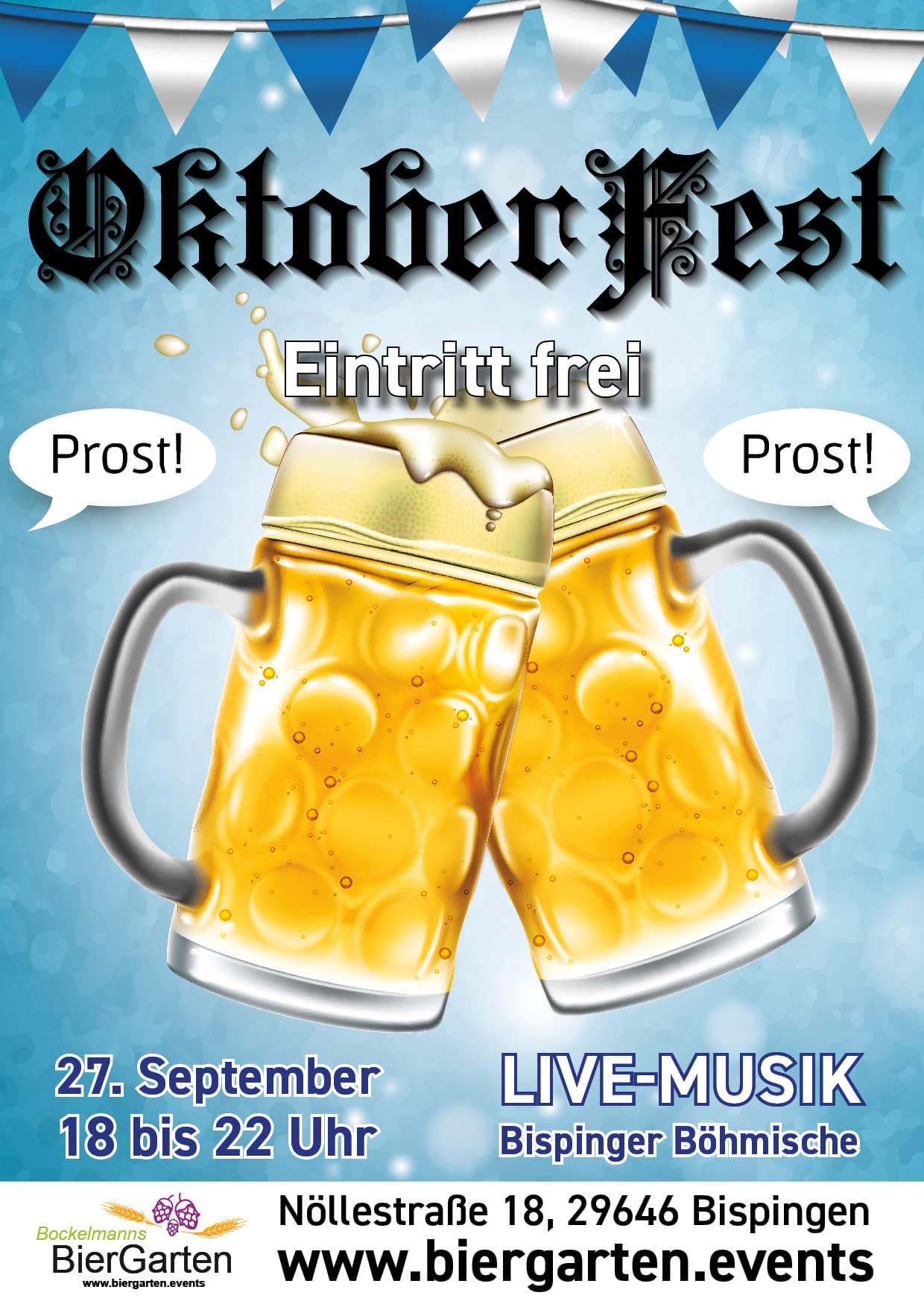 Oktoberfest-Flyer mit zwei Bierkrügen, Wimpeln, Eintritt frei und Live-Musik.