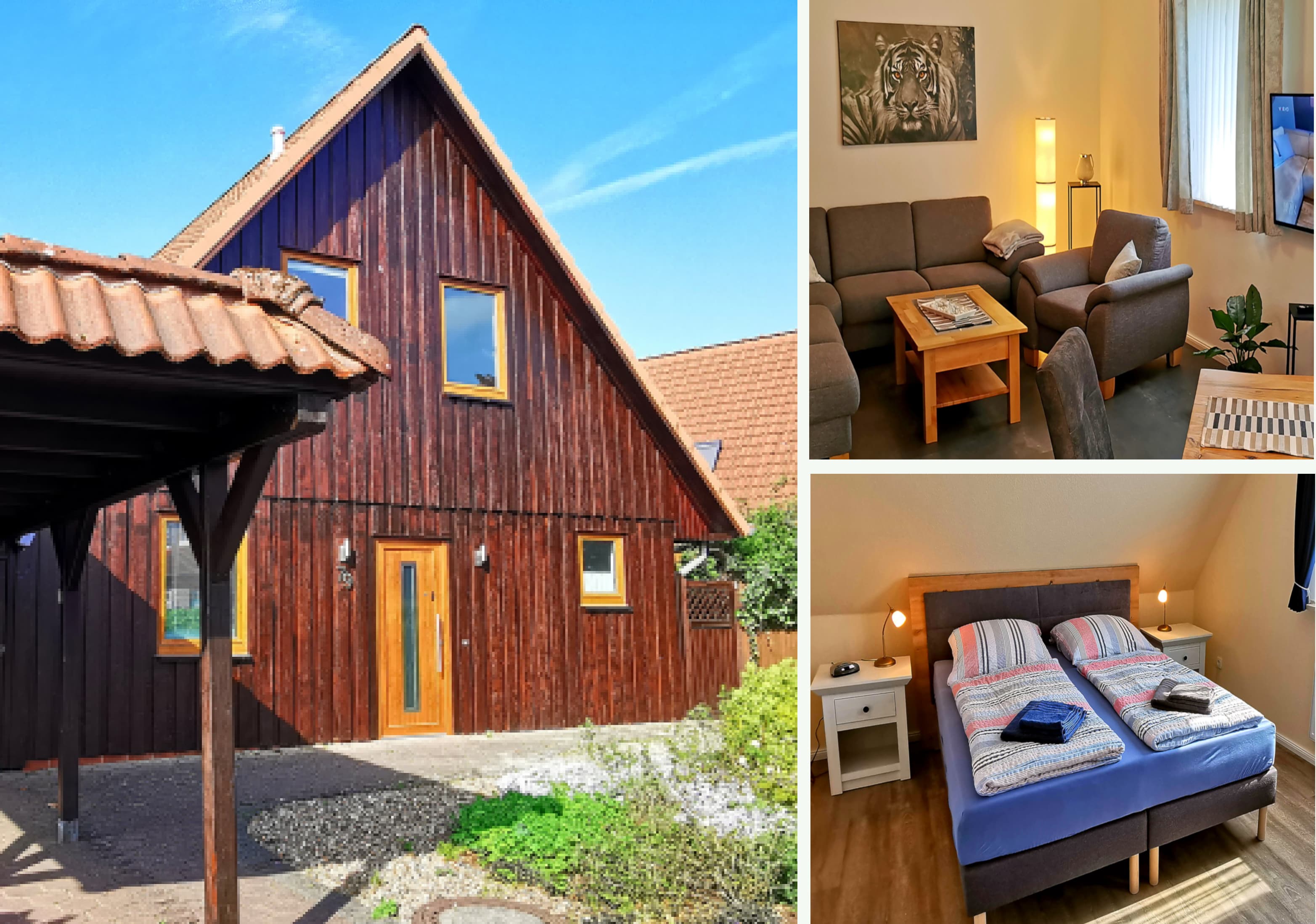Ein modernes Holzhaus in einer sonnigen Umgebung. Im Inneren sind gemütliche Sitzplätze und ein einladendes Schlafzimmer zu sehen.