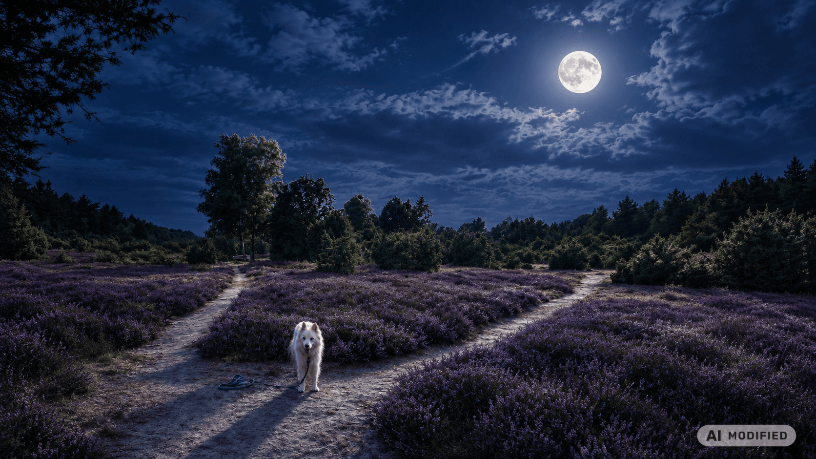 Hund in der Heide im Mondschein, KI bearbeitet