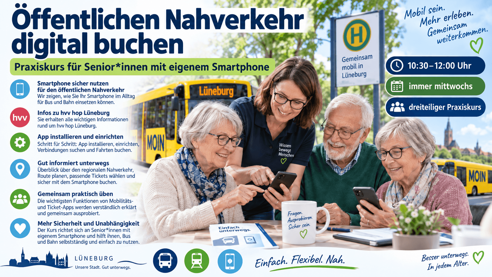 Plakat: Seniorinnen und Senior üben Smartphone-Buchung für Bus und Bahn in Lüneburg.