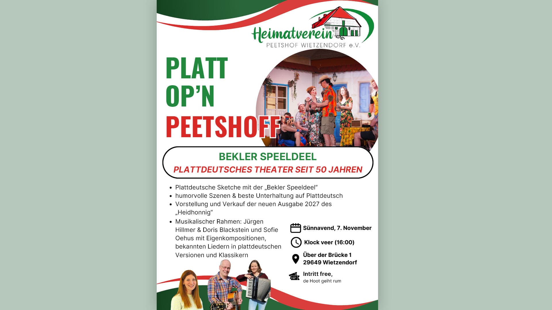 Veranstaltungsplakat „Platt op’n Peetshoff“ mit Theaterfoto und Musikern.