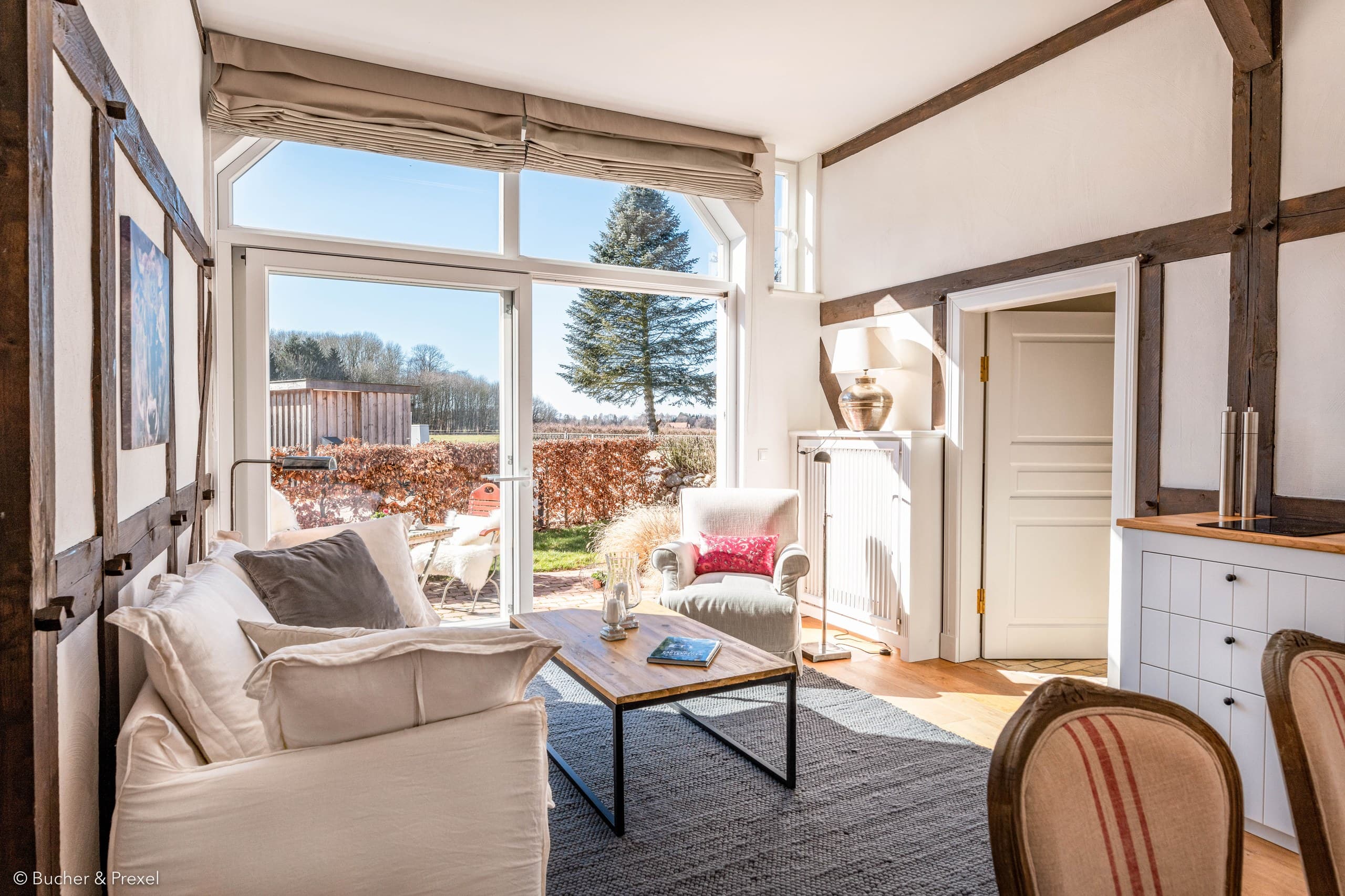Heller Wohnbereich mit Sofa, Sessel und Fachwerk in Apartment I, große Glastür zur Terrasse